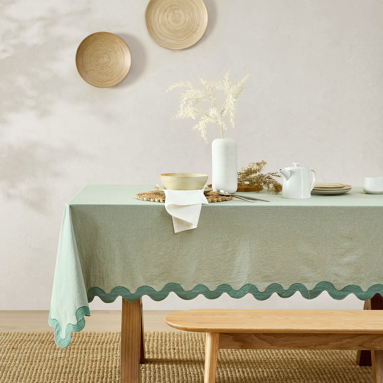stonewashed cotton tablecloth scalloped edge sage