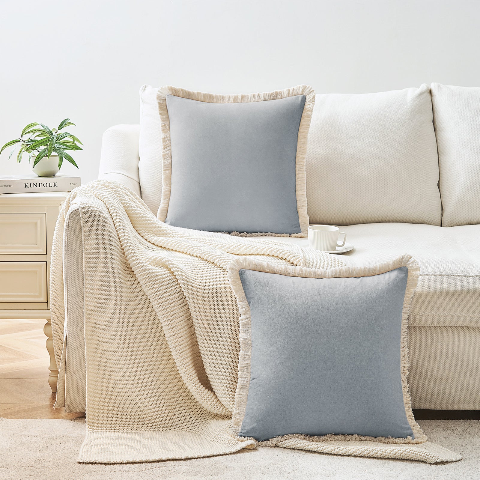 Gray pillows on a beige sofa with a blanket and small plant in the background