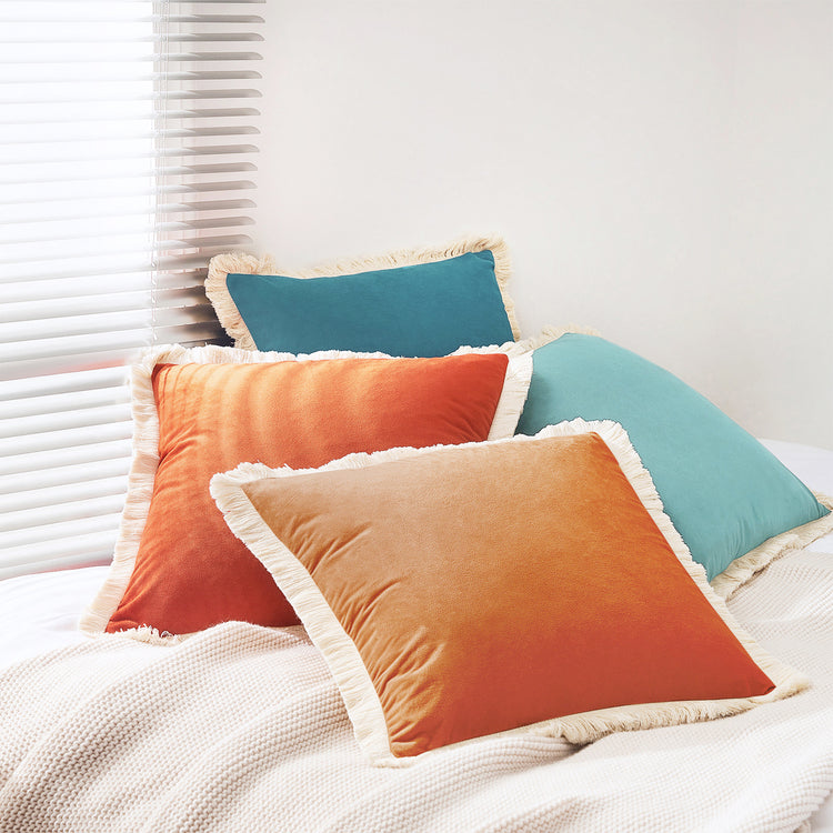 velvet decorative throw pillow covers with fringe edge set four orange teal blue red