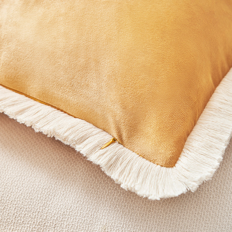 velvet decorative throw pillow covers  with fringe border set of 2 yellow color