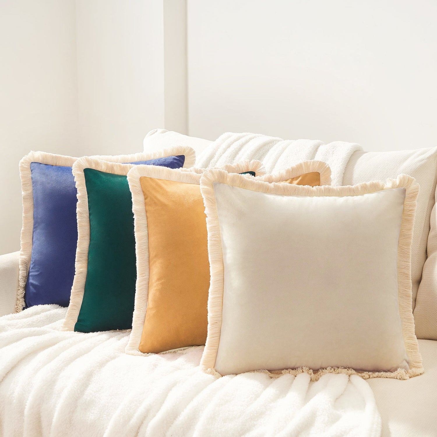 velvet decorative throw pillow covers with fringe edge set four yellow green blue cream