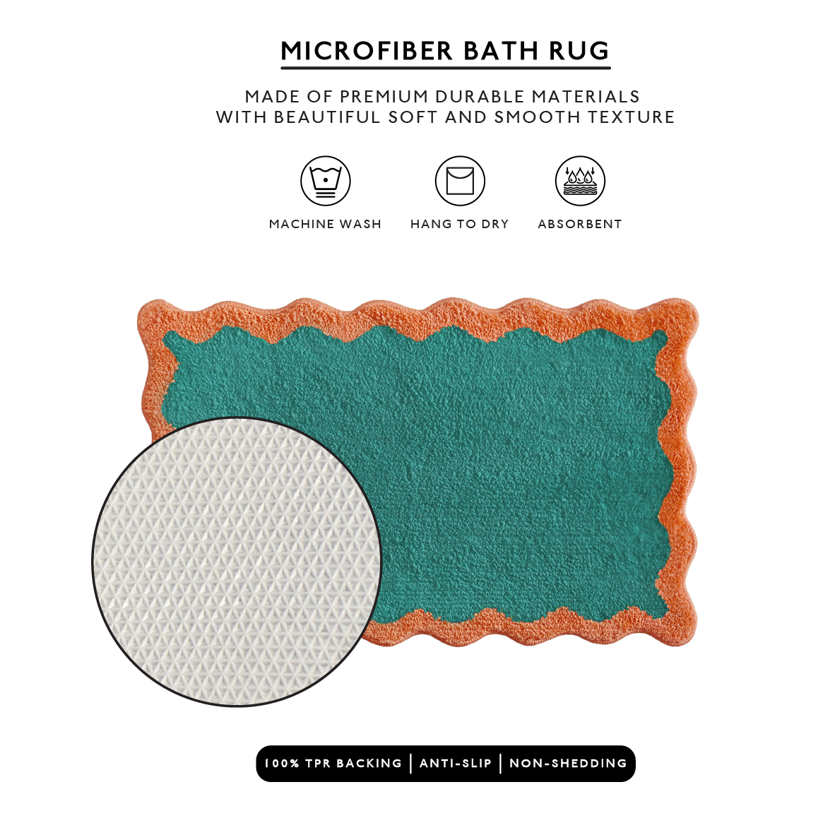 Green microfiber bath rug with orange border on a white background