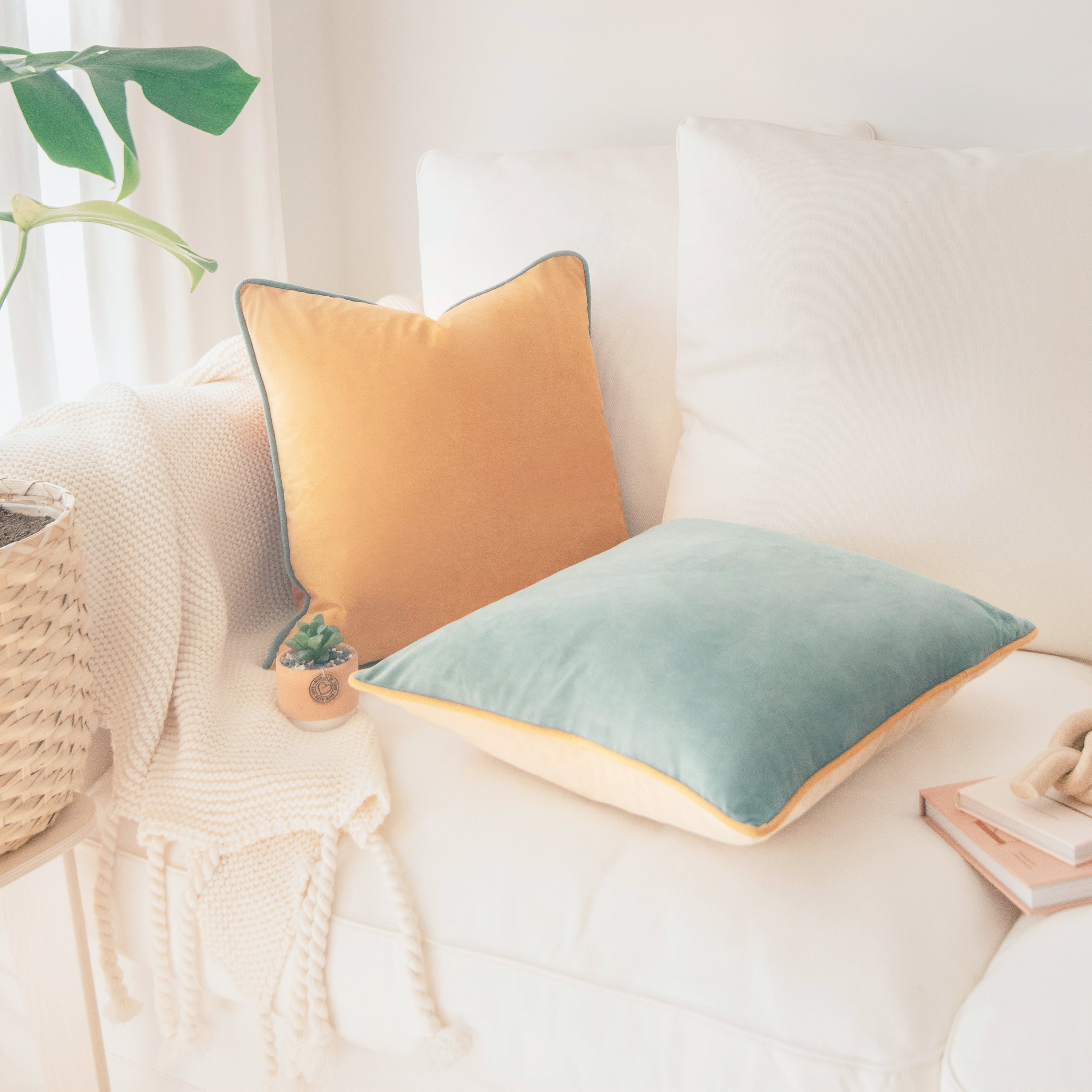 orange teal piping throw pillow covers velvet home decor soft square shams cushions