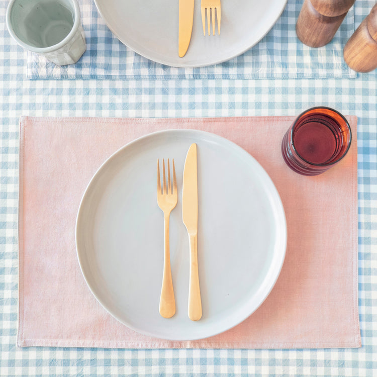 blue clay white rectangle placemats gingham checkered reversible stonewashed cotton