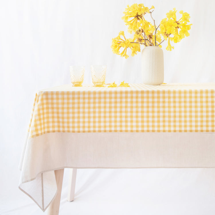 tablecloth gingham plaid buffalo checkered cotton stonewashed yellow beige white rectangle