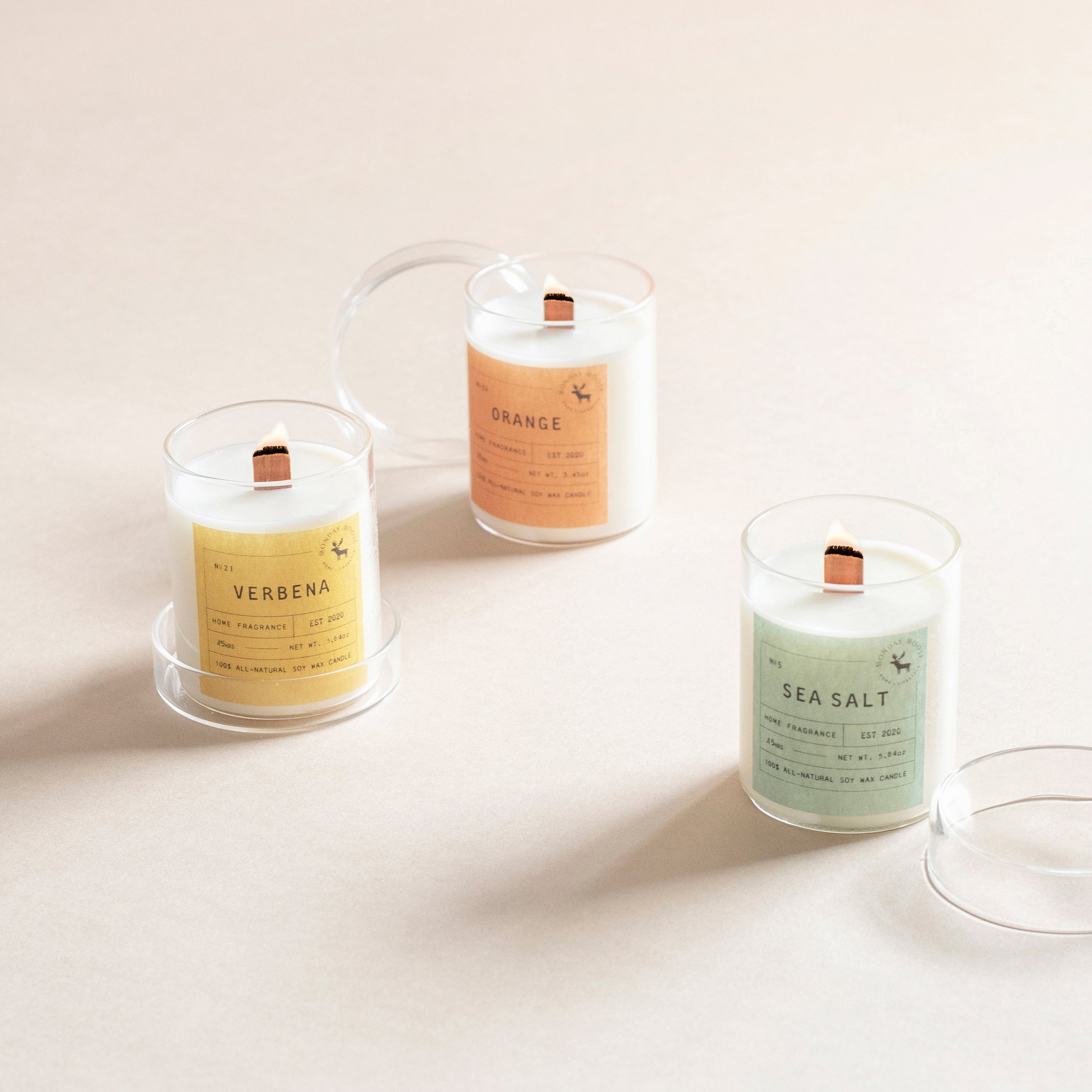 scented candle home fragrance set of three wood wick verbena sea salt orange