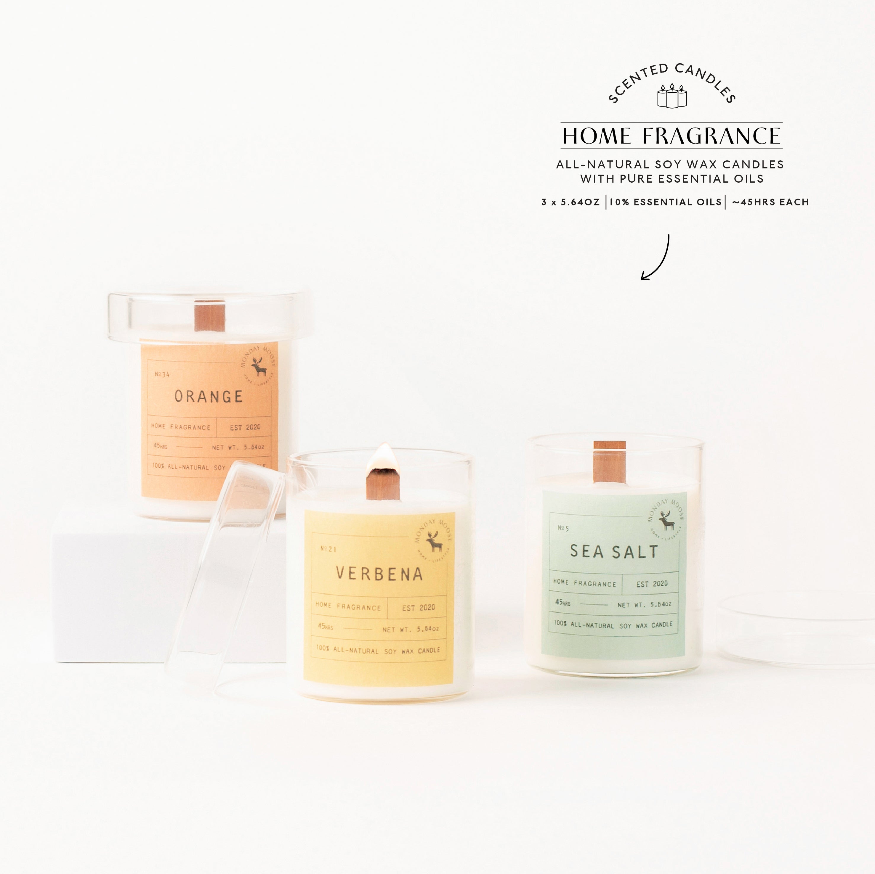 scented candle home fragrance set of three wood wick verbena sea salt orange