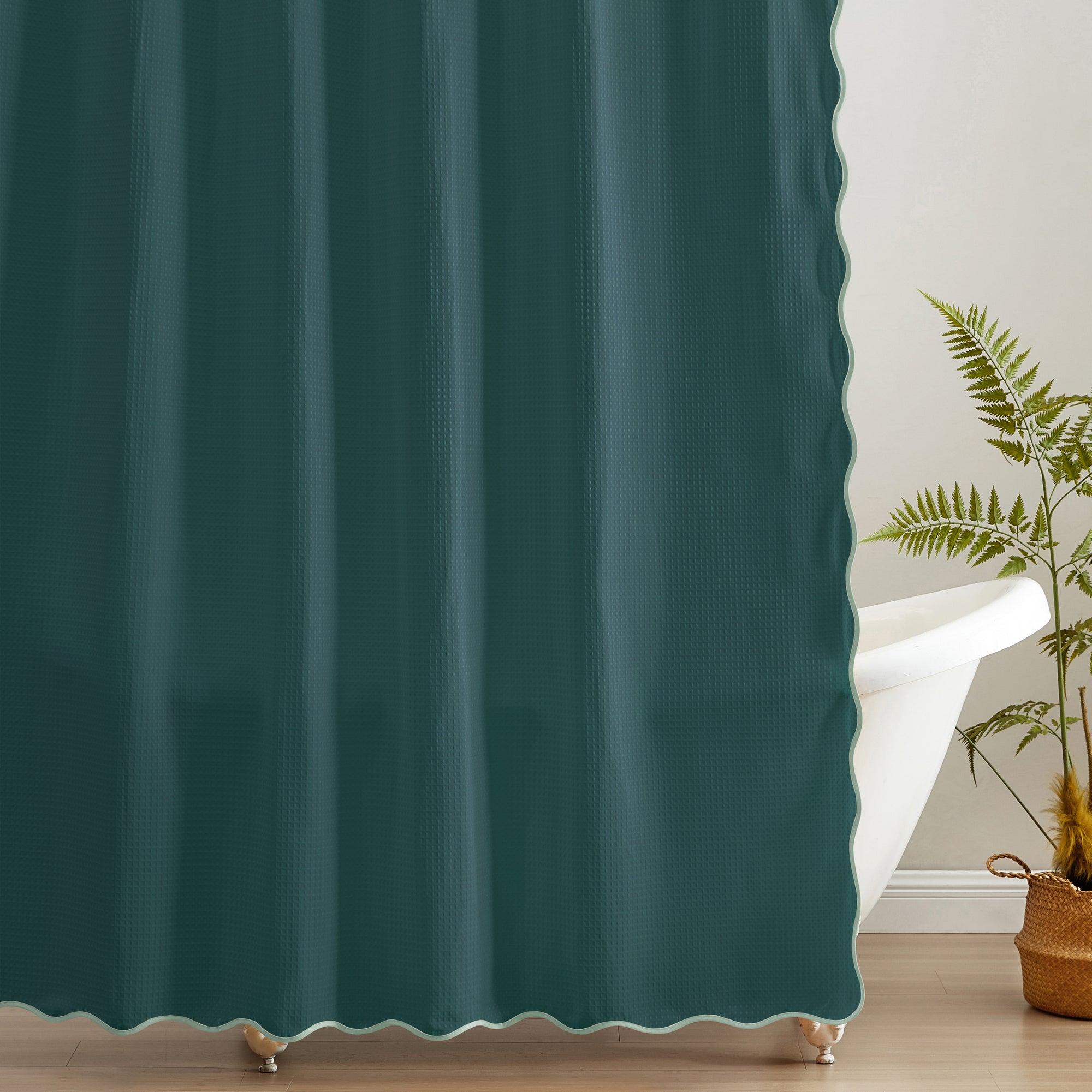 Teal curtain with scalloped hem in a room with a plant and white wall.