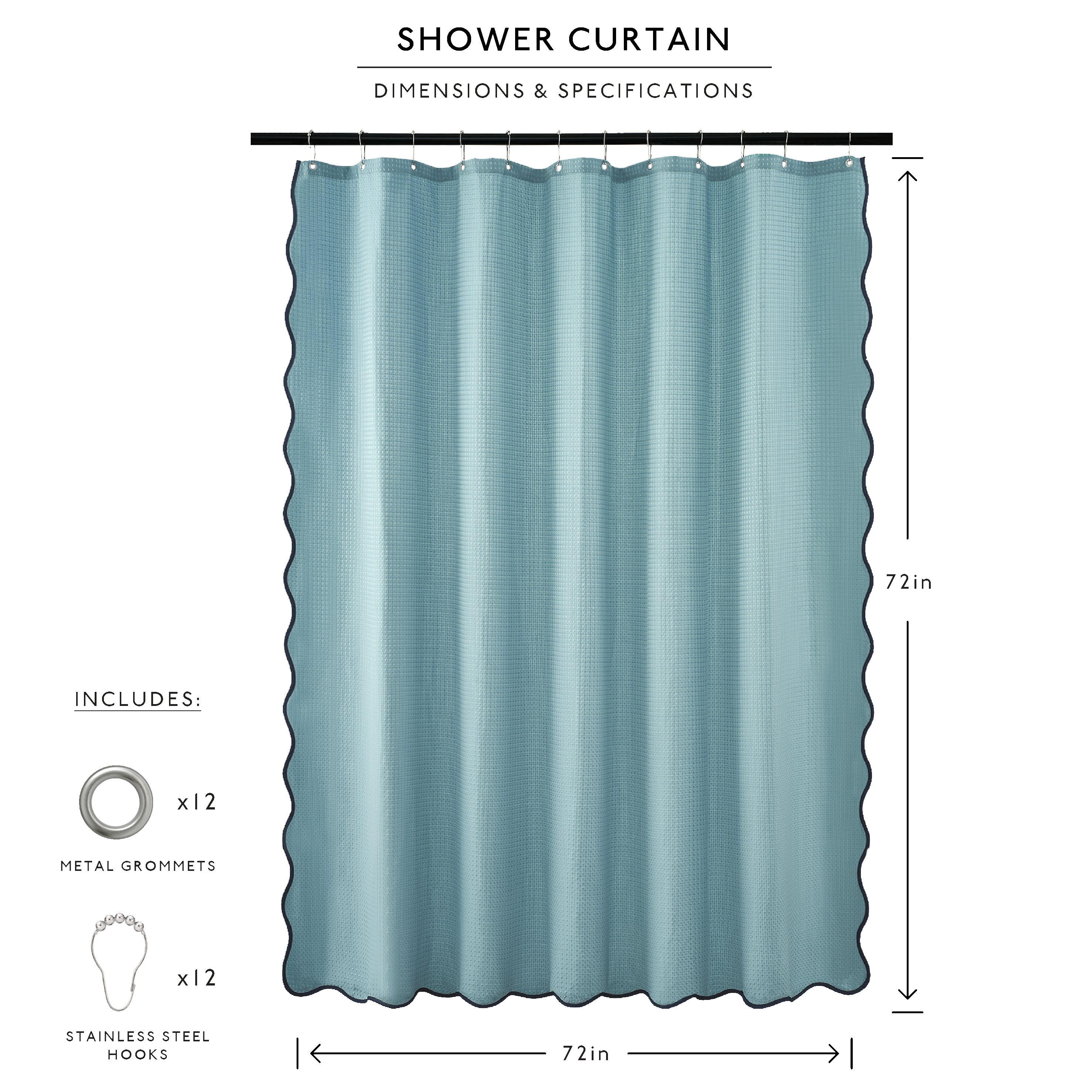 Blue shower curtain with dimensions and specifications on a white background
