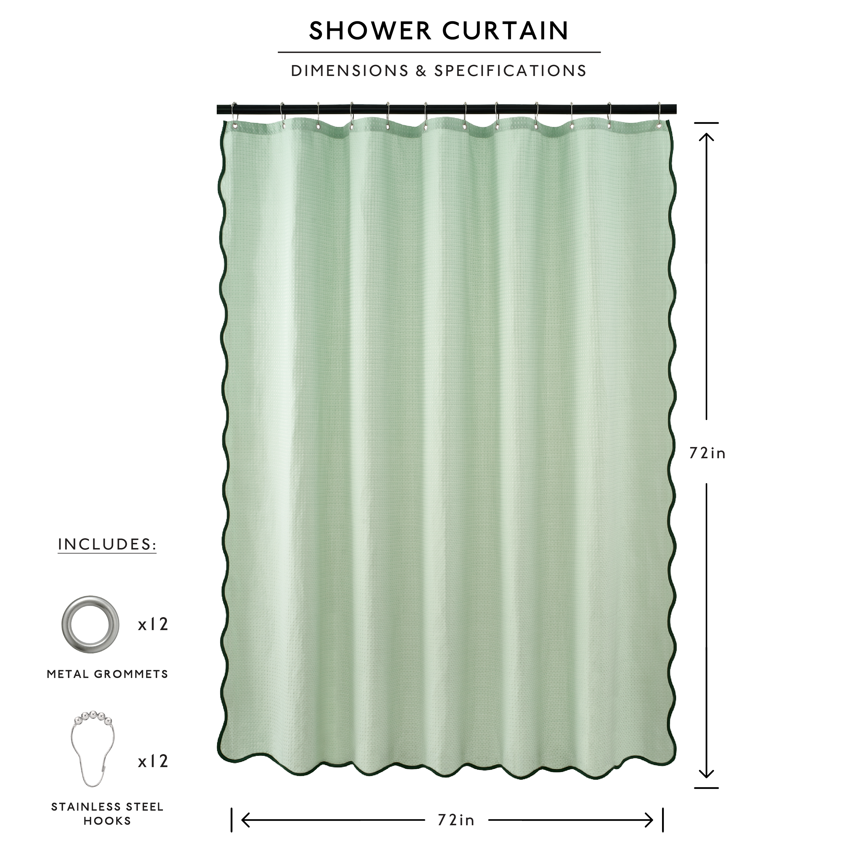 Green shower curtain with dimensions and specifications on a white background