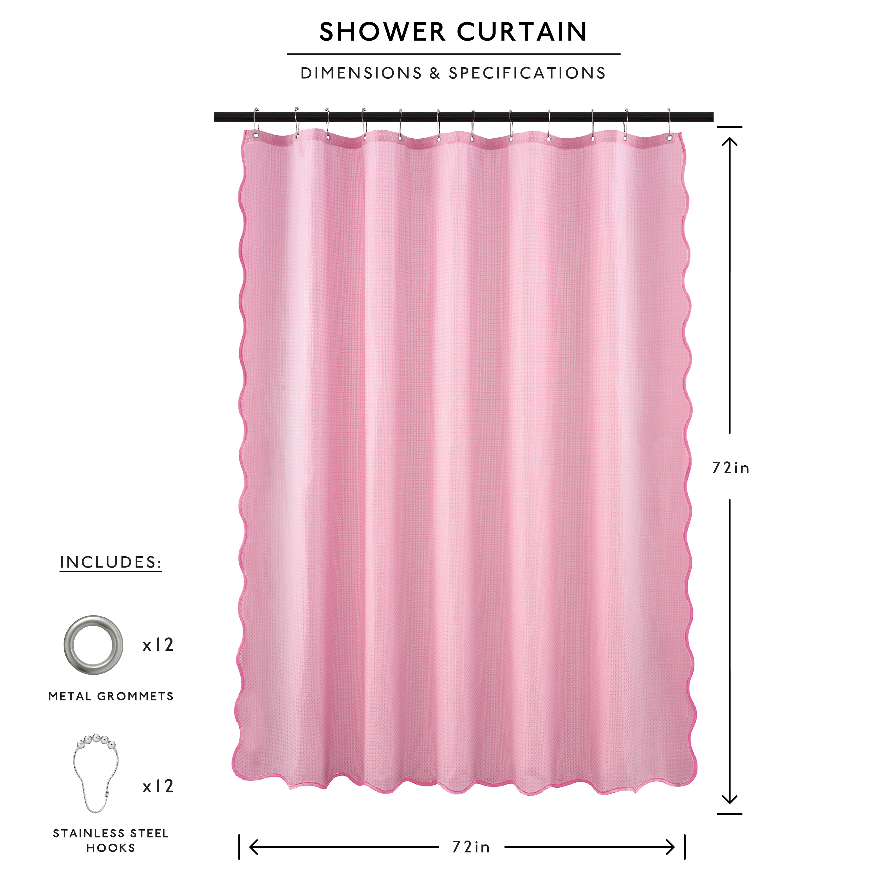 Pink shower curtain with dimensions and specifications on a white background