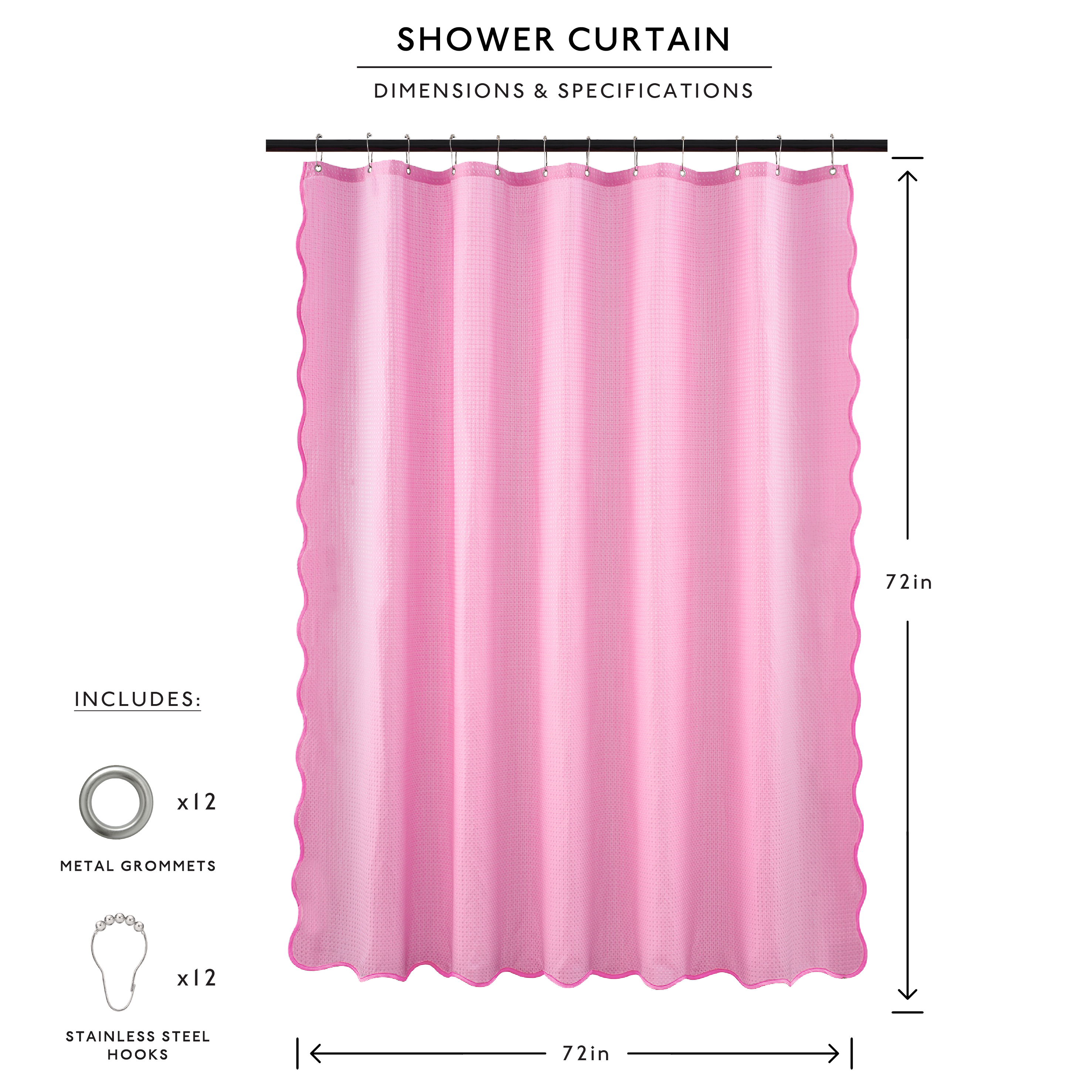Pink shower curtain with dimensions and specifications on a white background