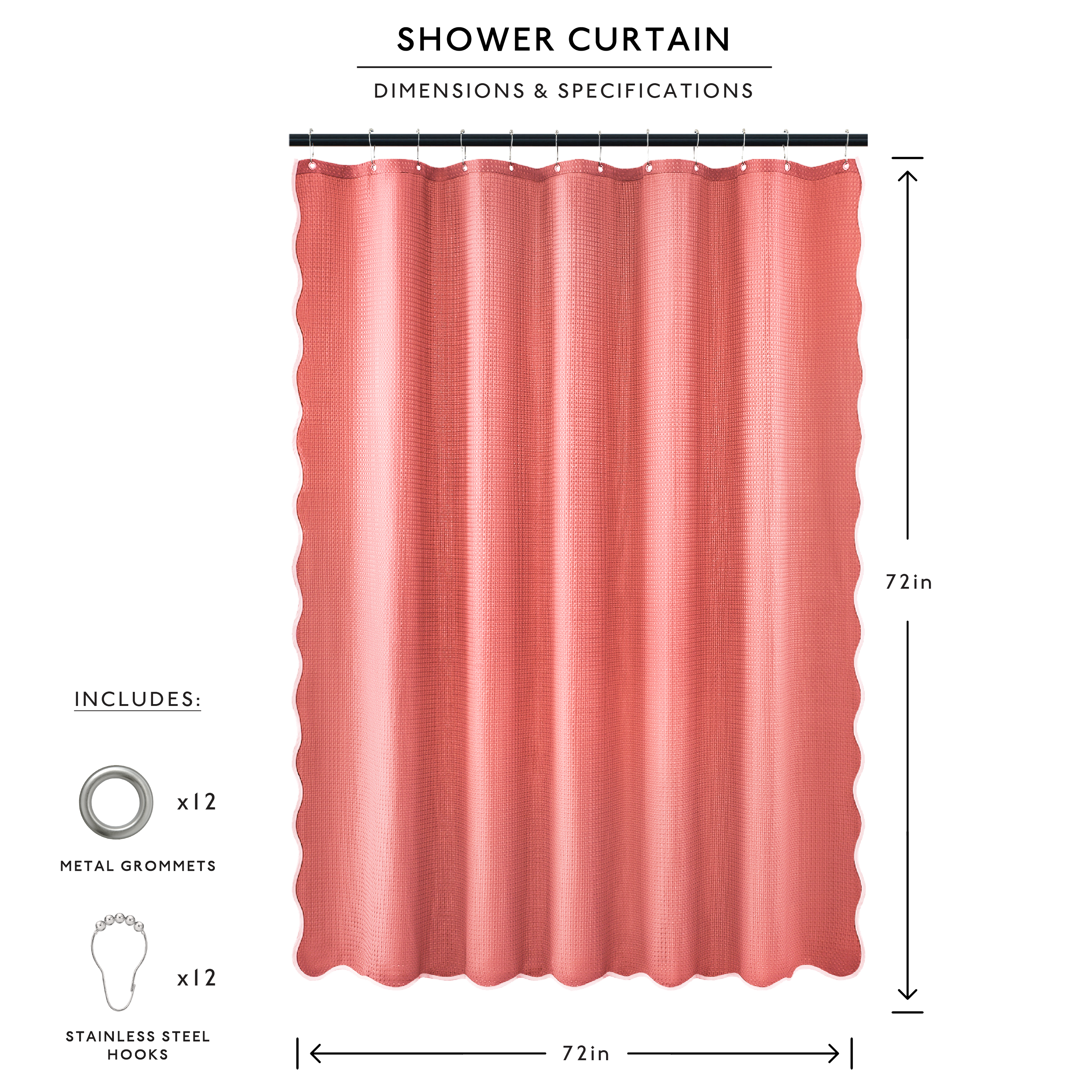 Red shower curtain with dimensions and specifications on a white background