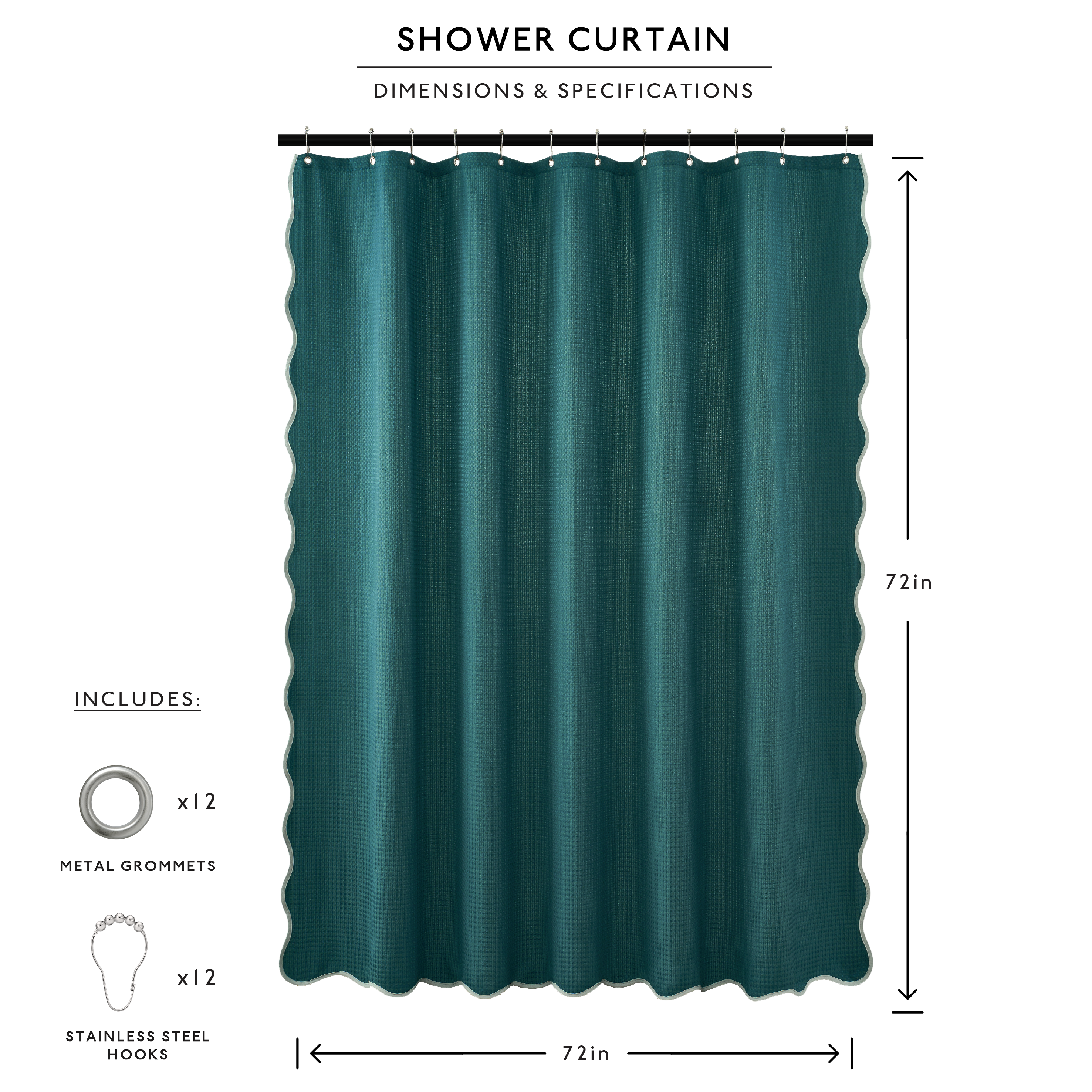 Teal shower curtain with dimensions and specifications on a white background