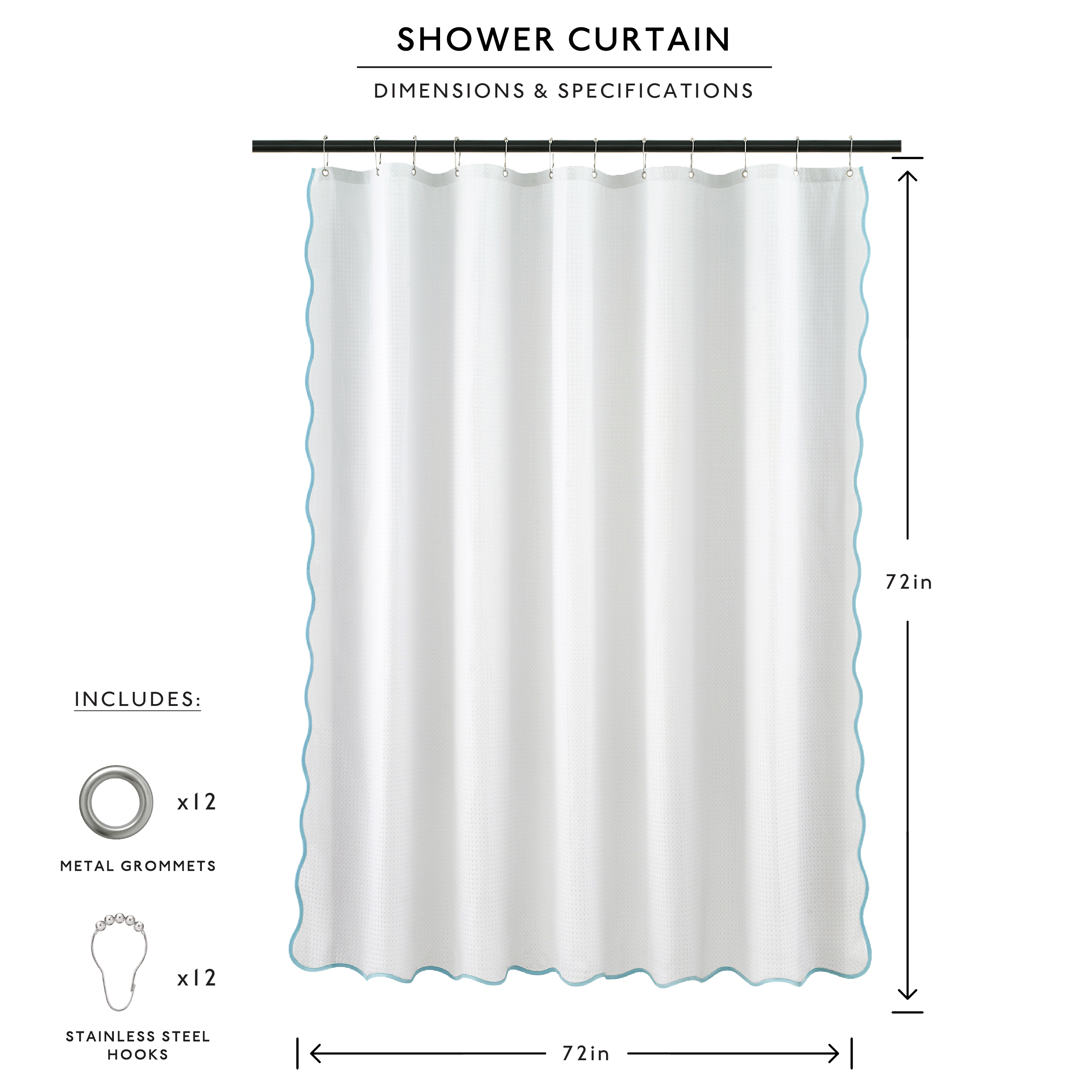White shower curtain with dimensions and specifications on a white background
