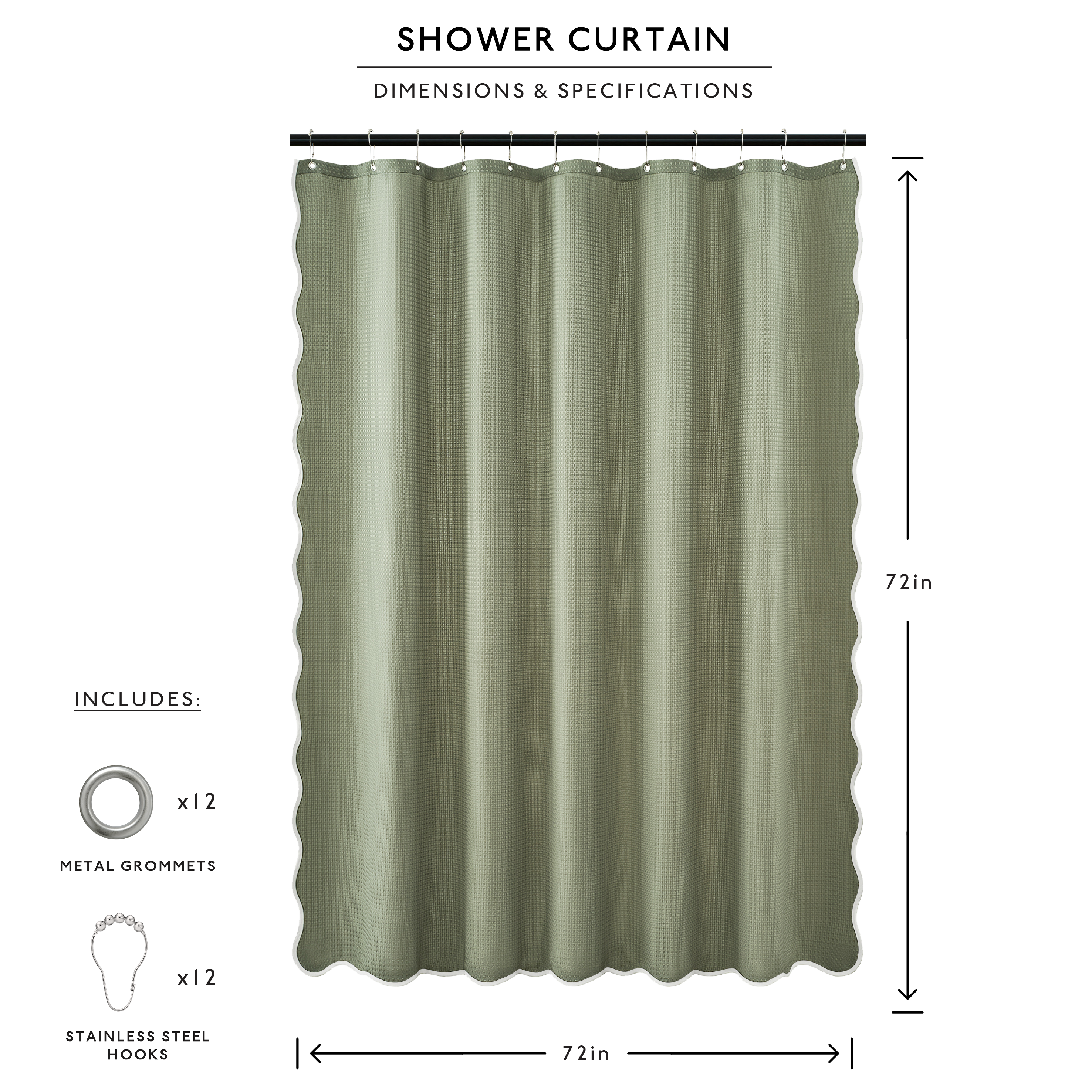 Green shower curtain with dimensions and specifications on a white background