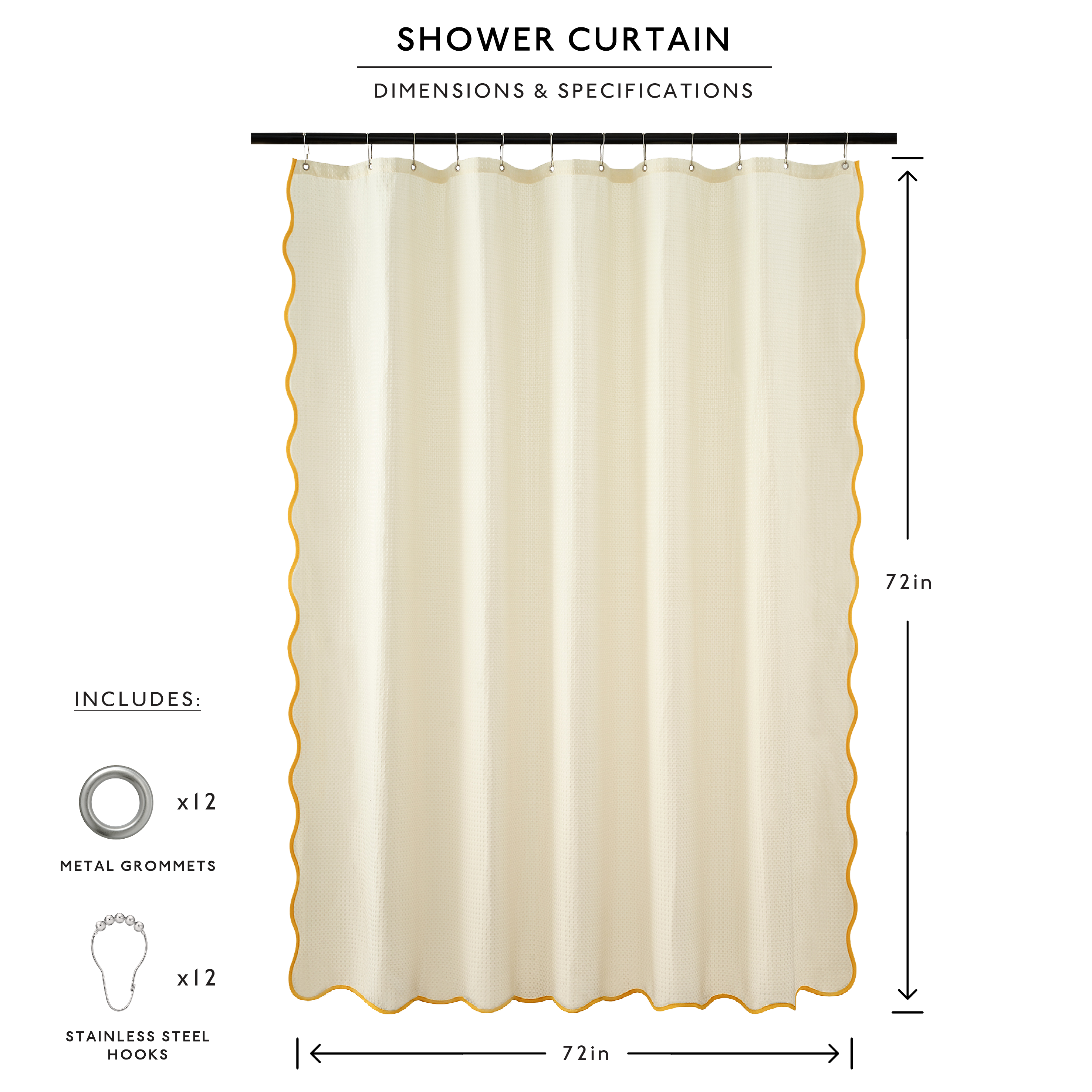 Beige shower curtain with dimensions and specifications on a white background