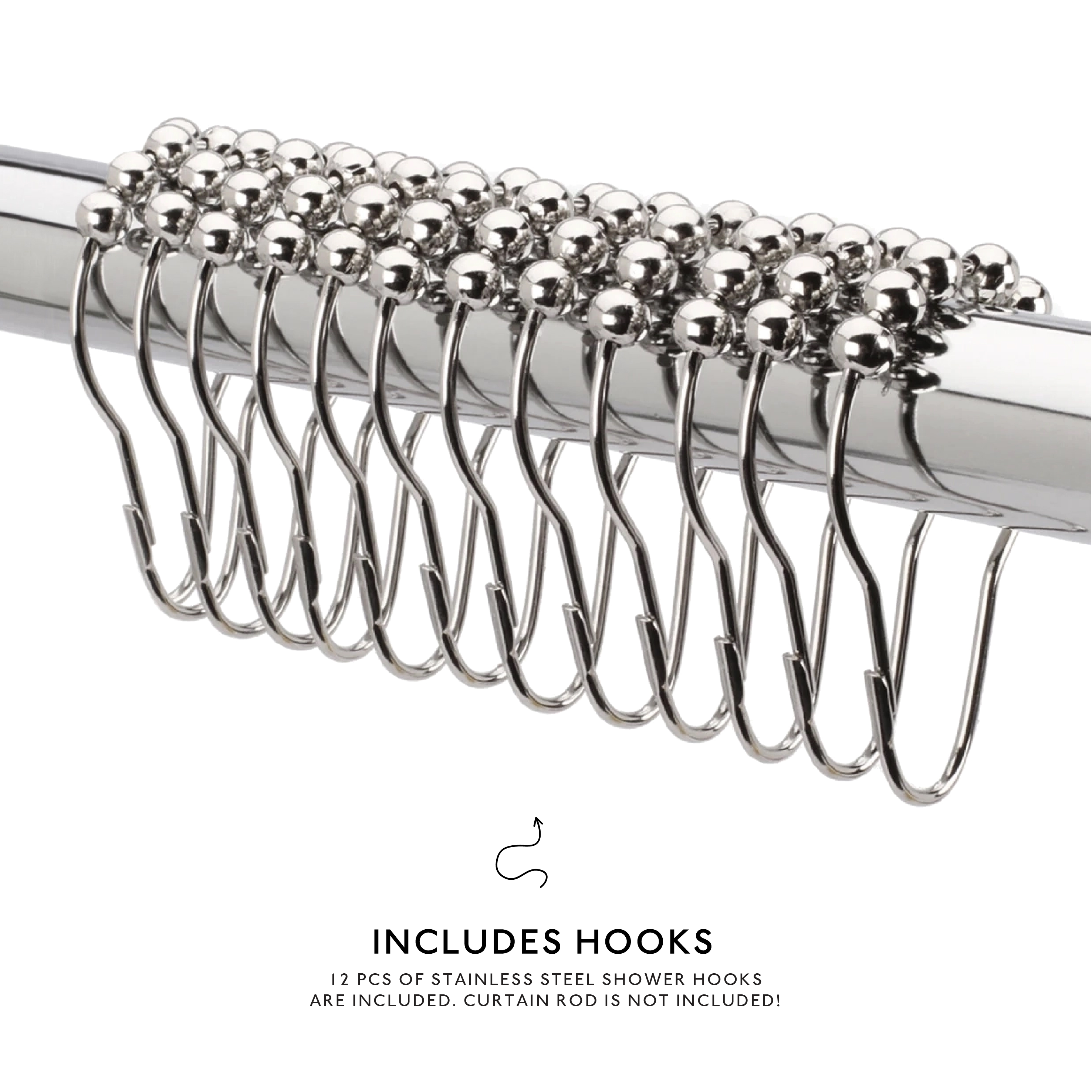 Set of stainless steel shower hooks on a white background with text indicating included hooks.