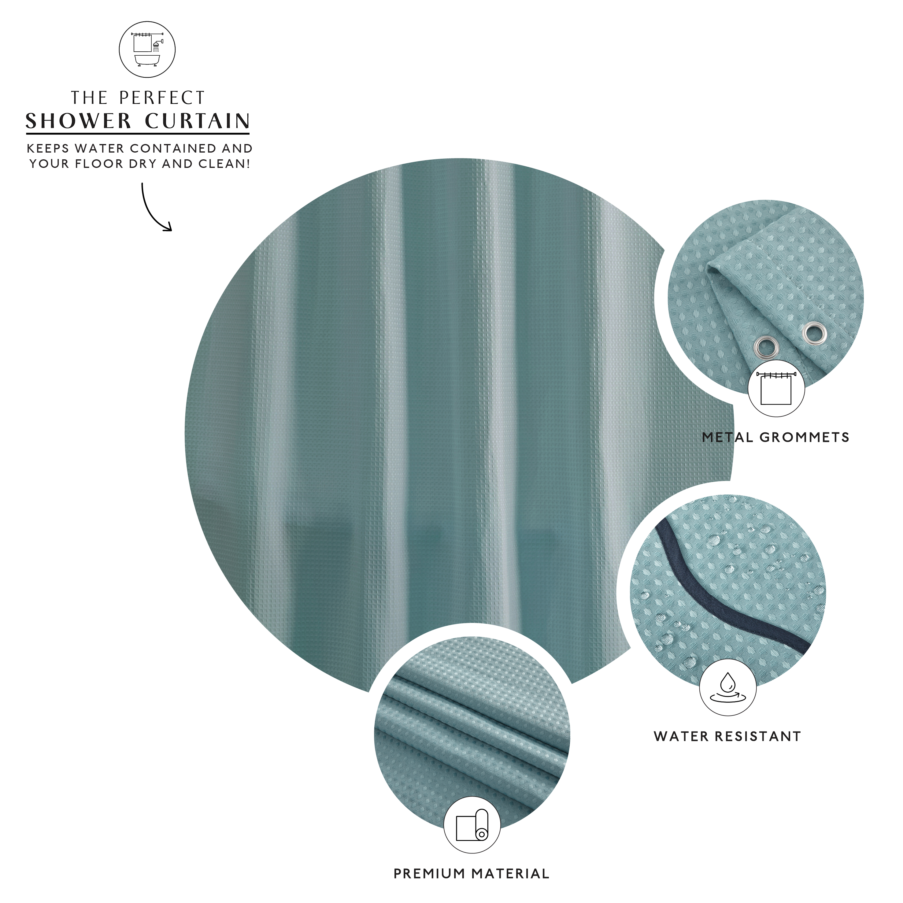 Teal shower curtain with metal grommets, water-resistant material, and premium material features on a white background.