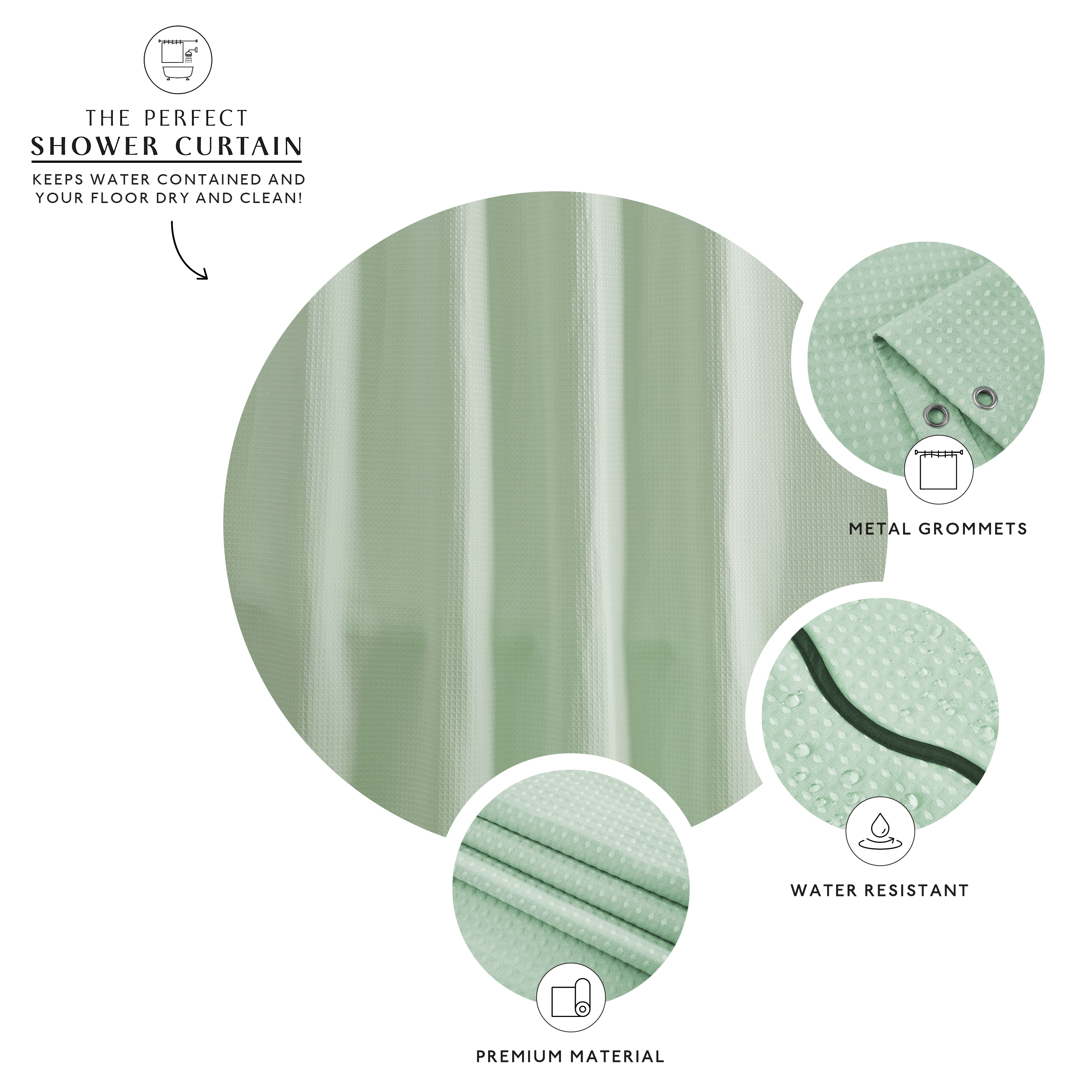 Green shower curtain with features highlighted on a white background