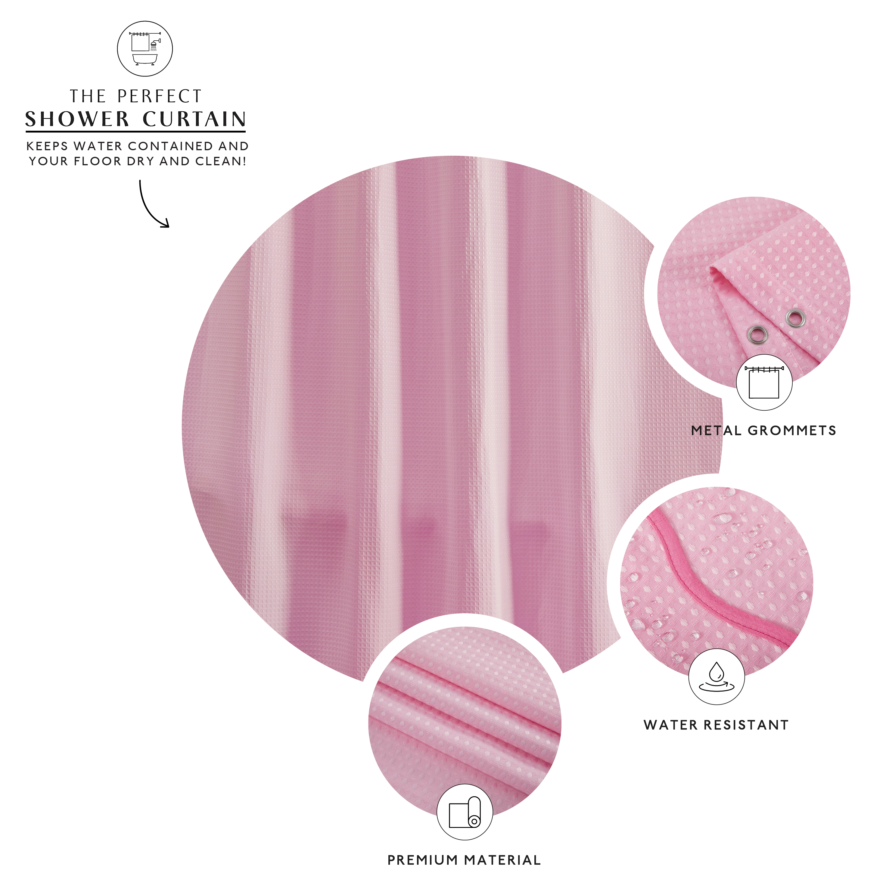 Pink shower curtain with metal grommets, water resistance, and premium material features on a white background.