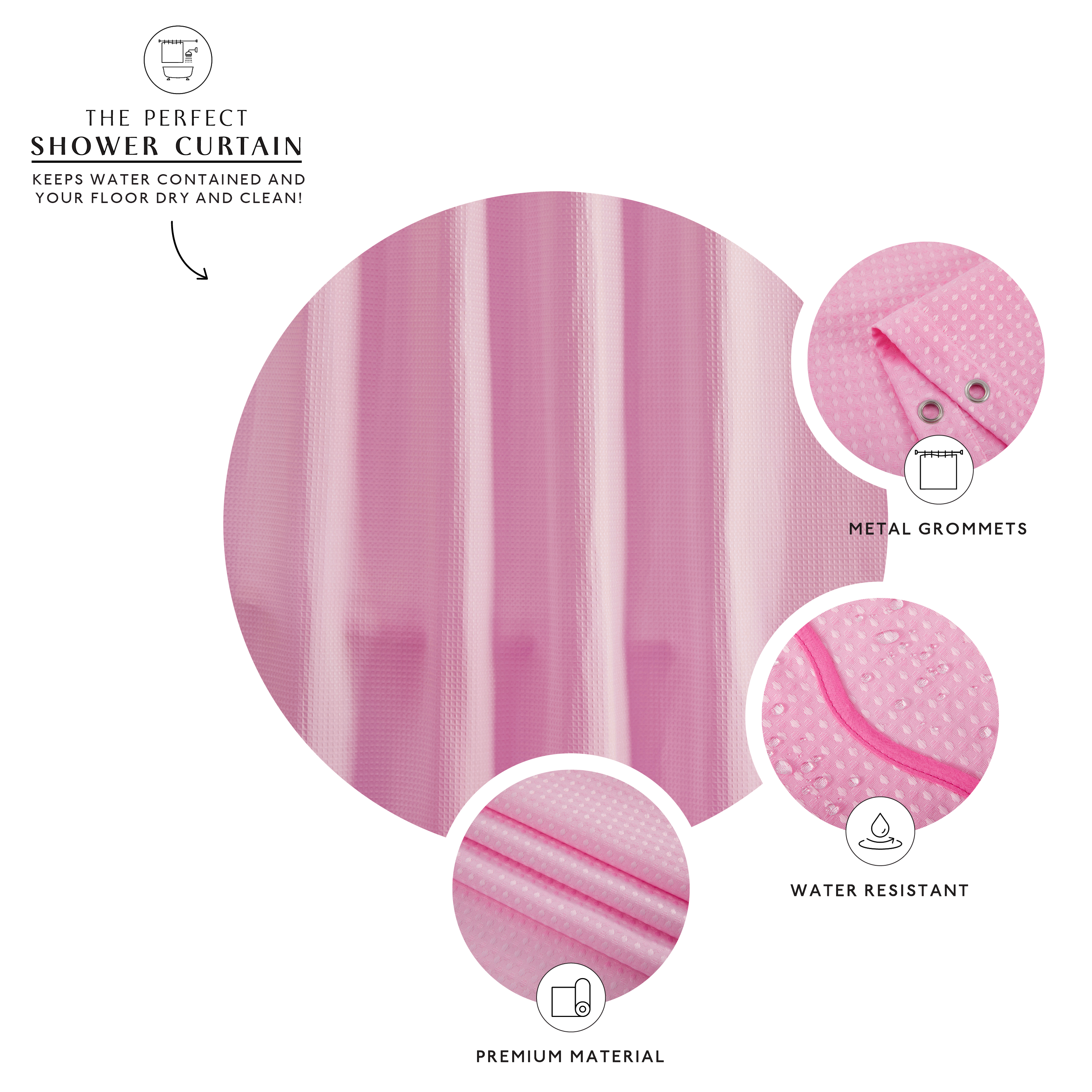 Pink shower curtain with metal grommets, water resistance, and premium material features on a white background.