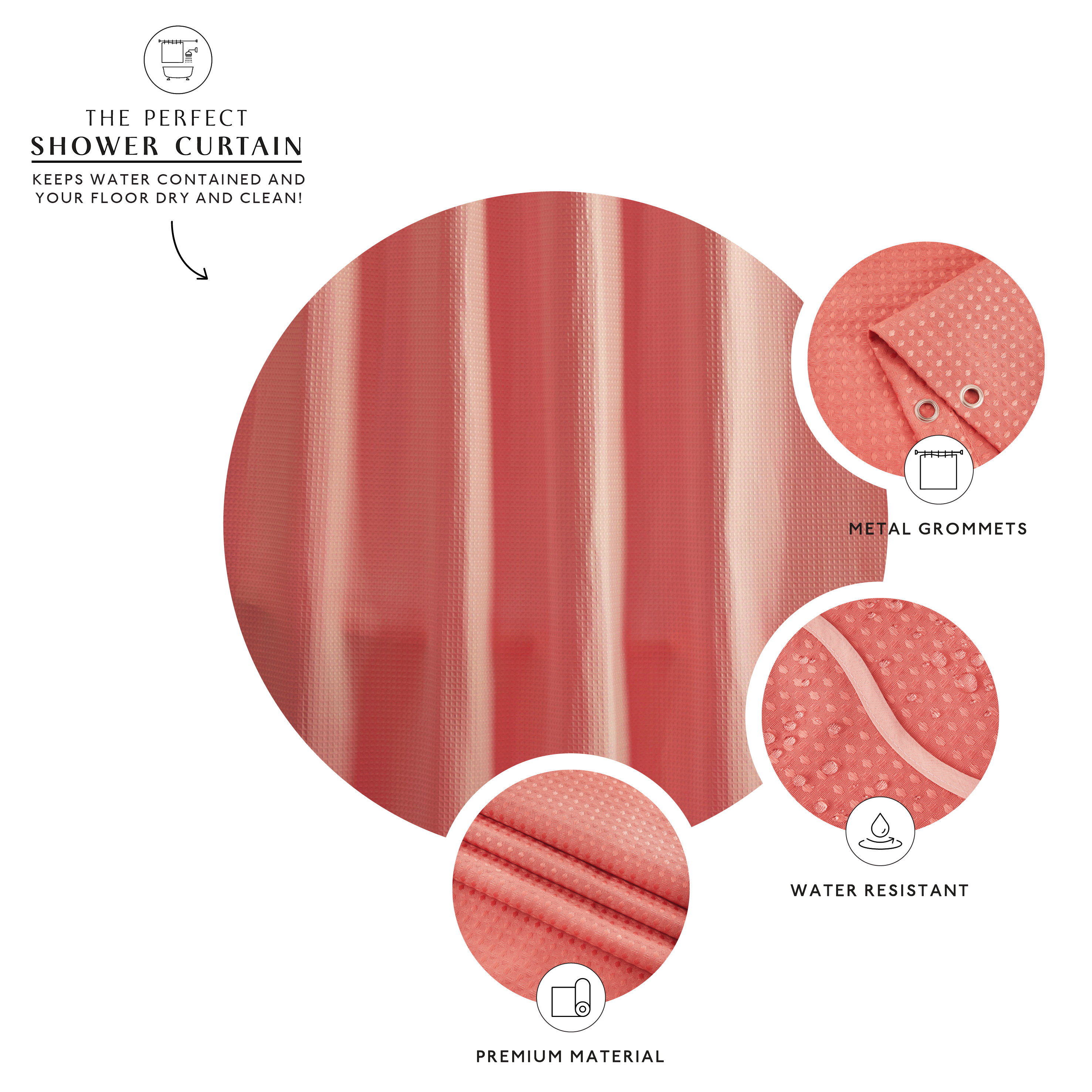 Red shower curtain with metal grommets, water-resistant material, and premium finish on a white background.