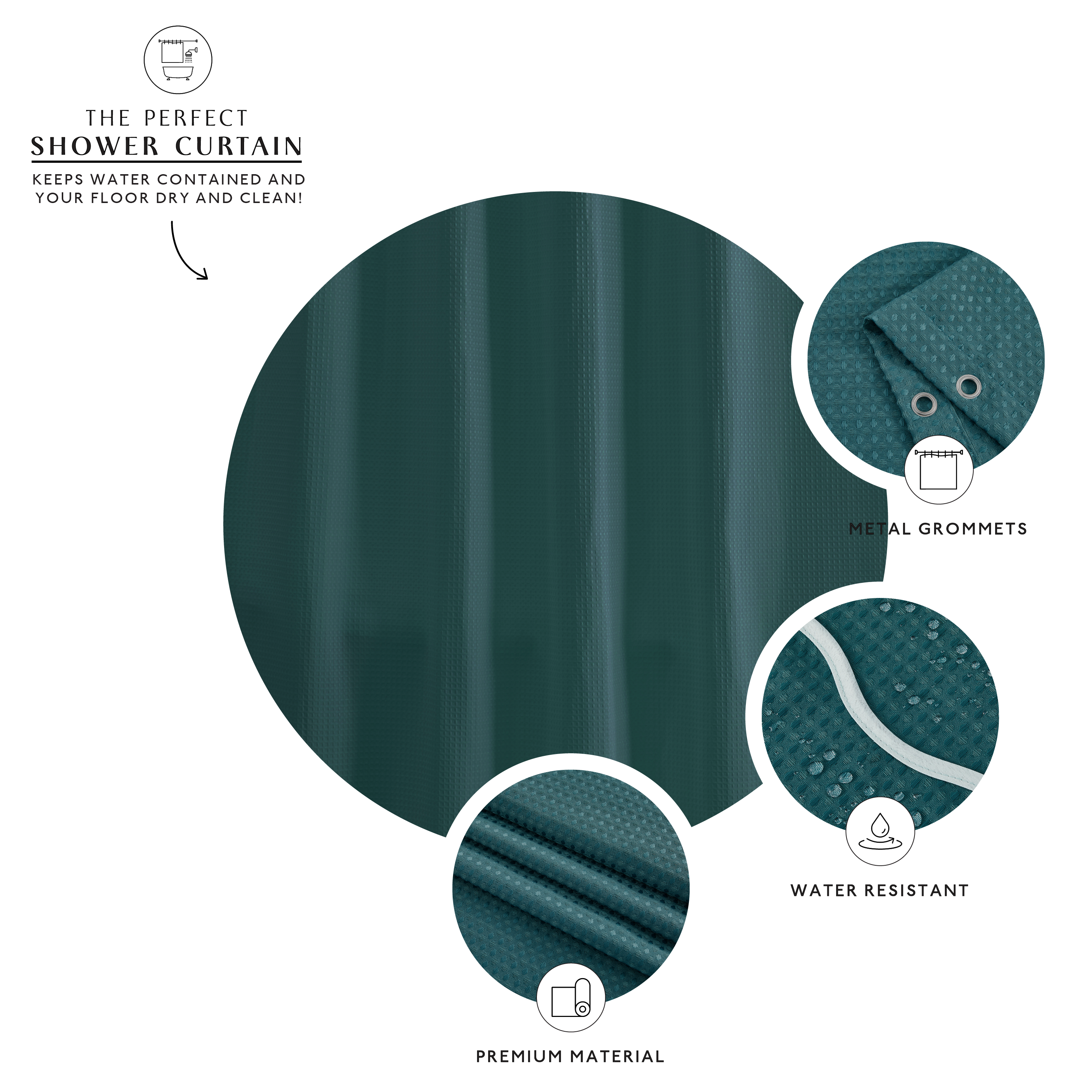Teal shower curtain with metal grommets, water-resistant material, and premium material features on a white background.