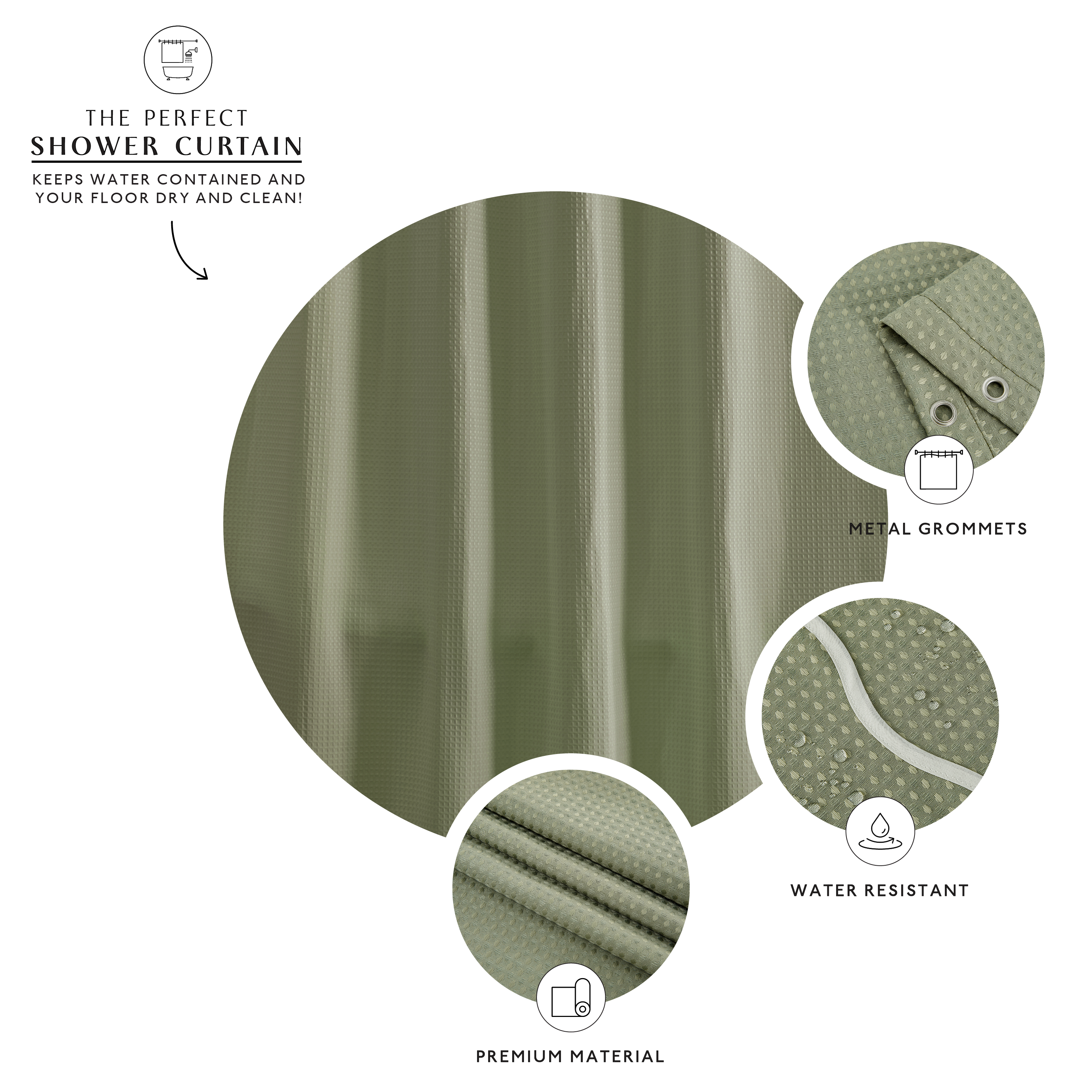 Green shower curtain with features highlighted on a white background
