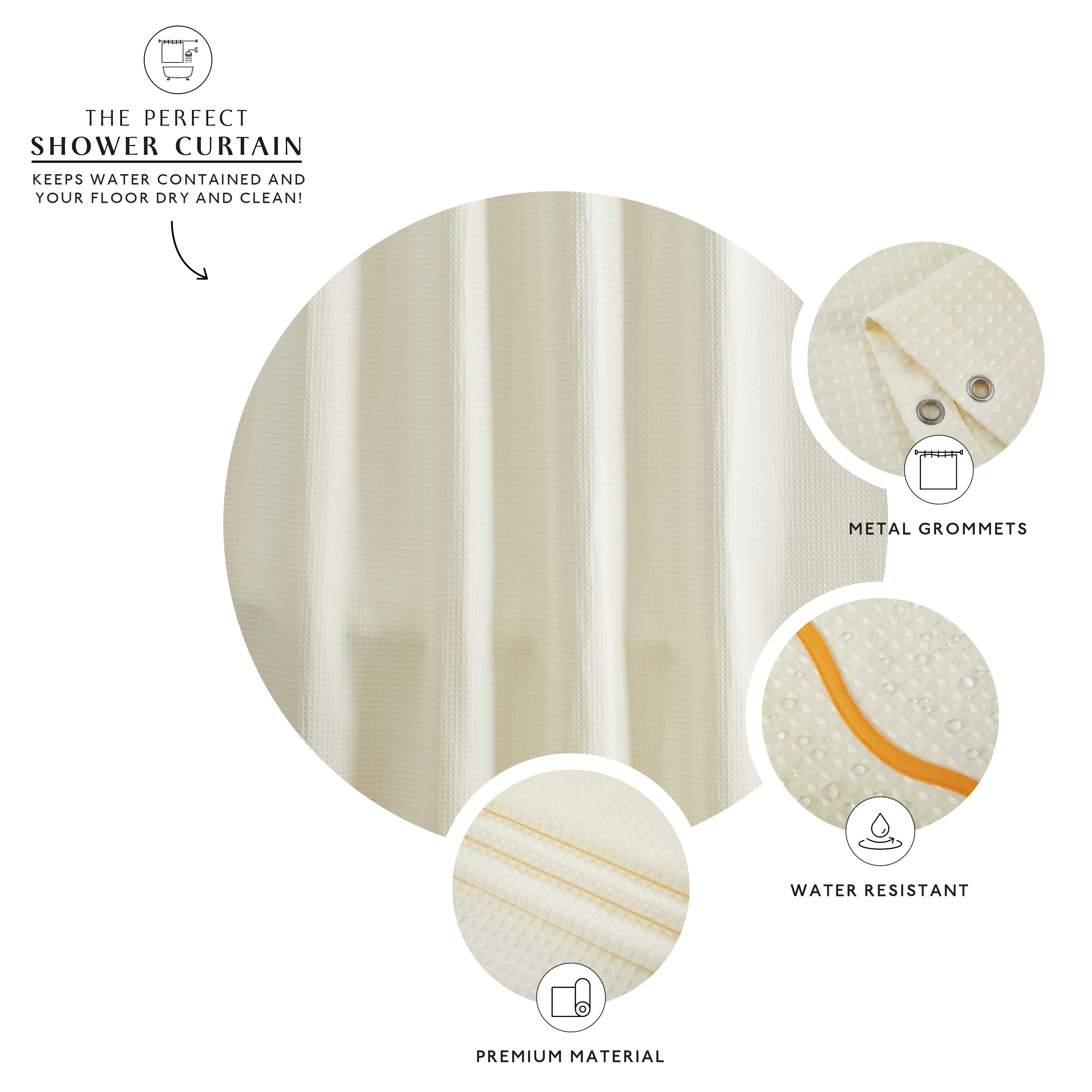 Shower curtain with metal grommets, water resistance, and premium material features on a white background.