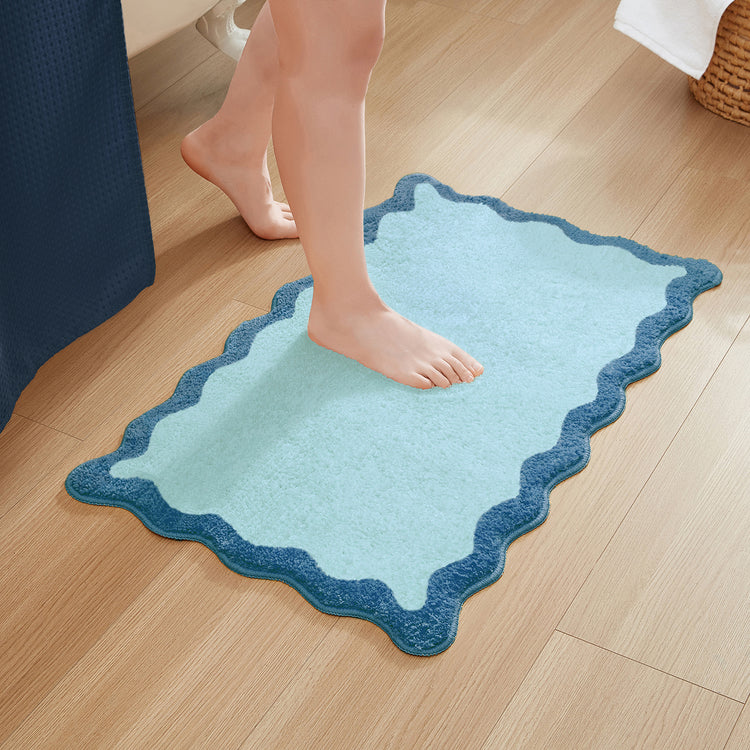 bath mat blue scalloped wavy edge