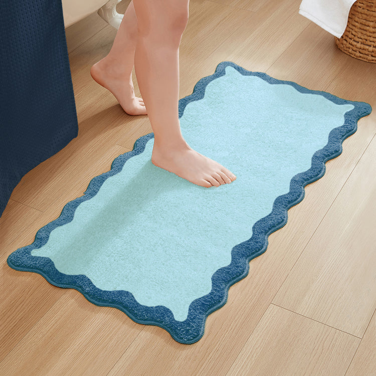 bath mat blue scalloped wavy edge