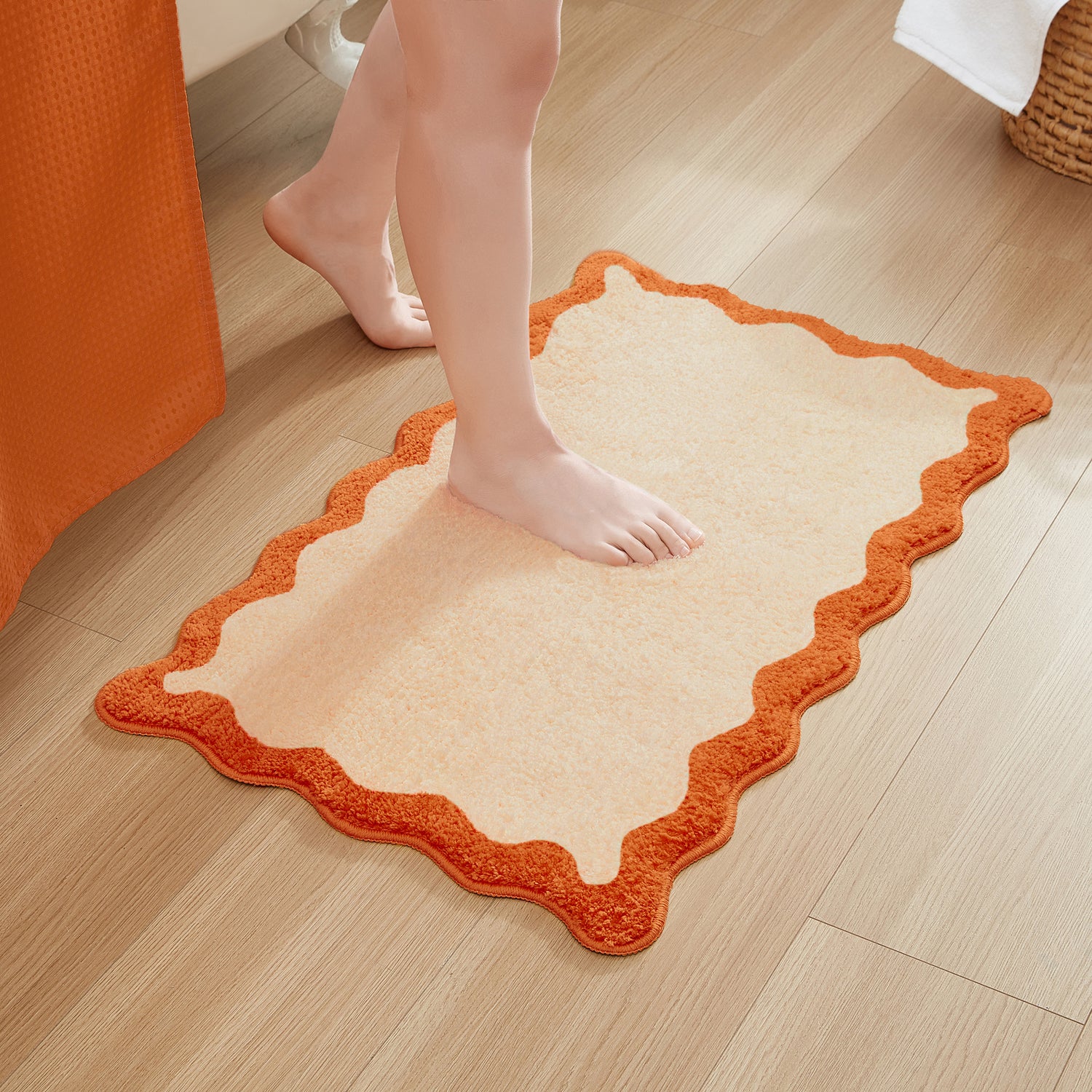 bath mat orange scalloped wavy edge