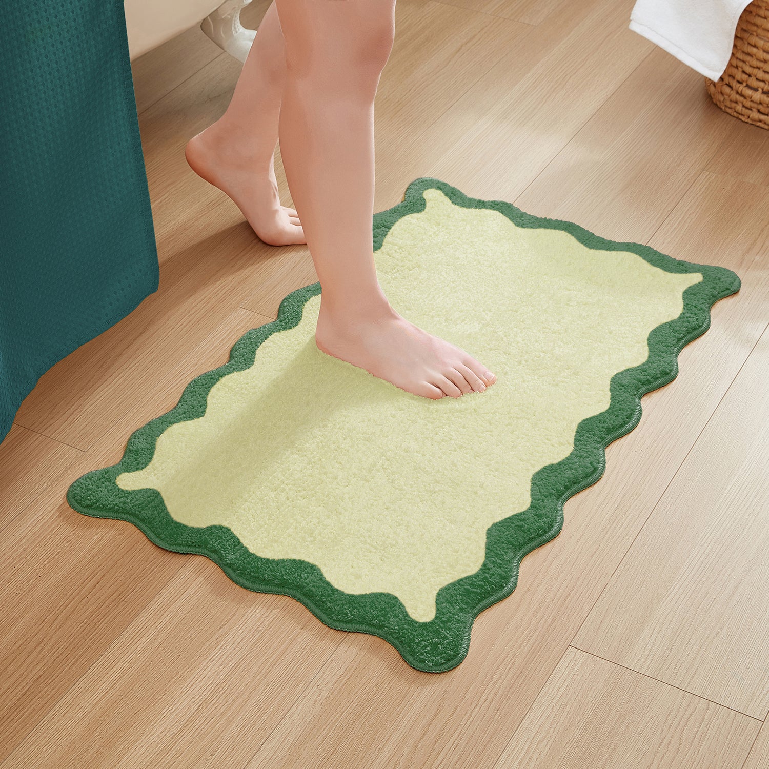 bath mat green scalloped wavy edge