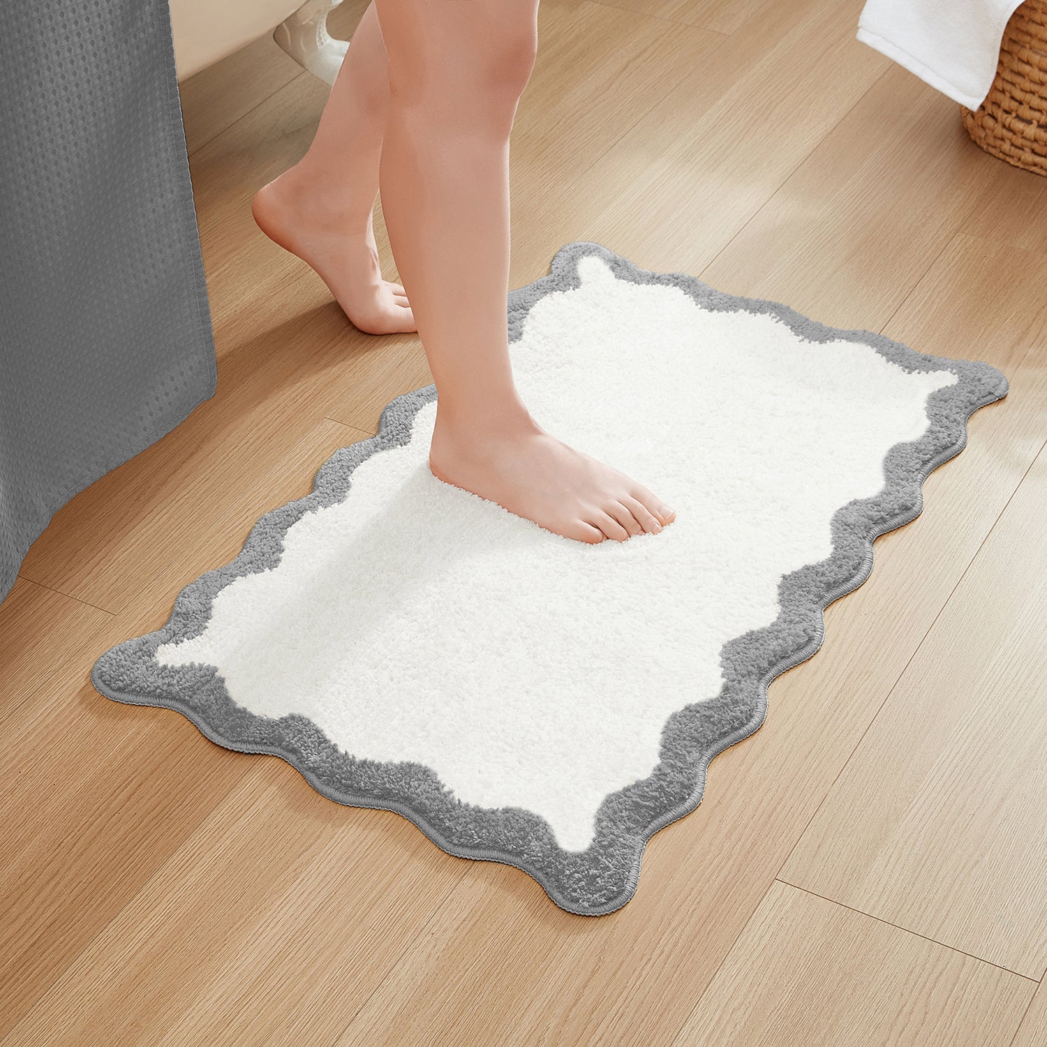 bath mat gray white scalloped wavy edge