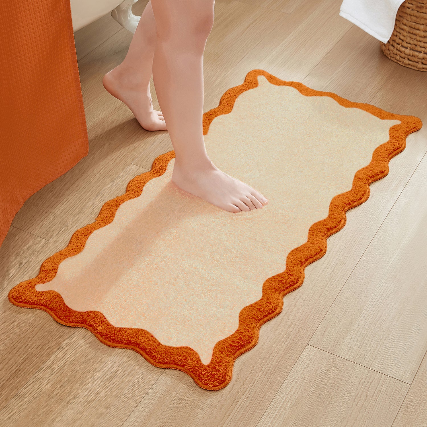 bath mat orange scalloped wavy edge