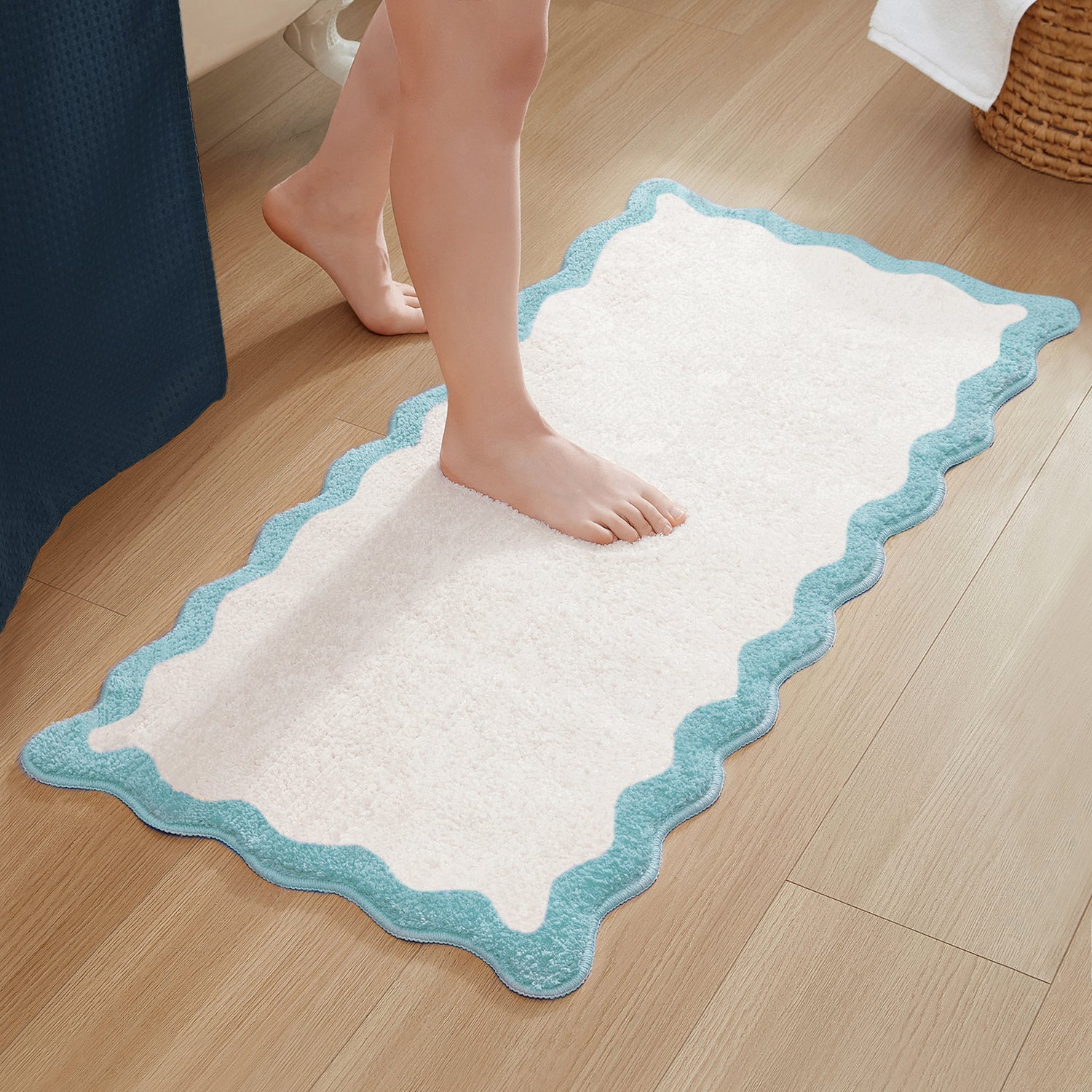 bath mat sky blue scalloped wavy edge