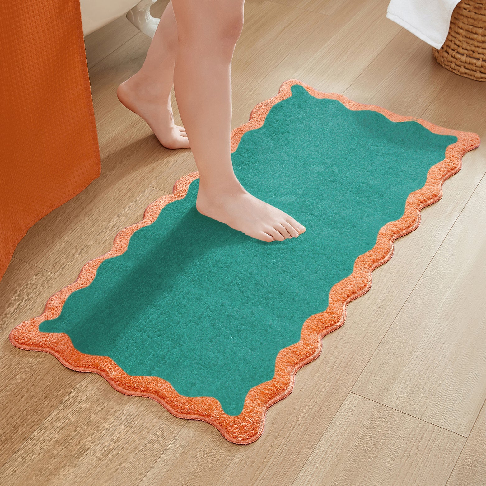 bath mat teal peach scalloped wavy edge