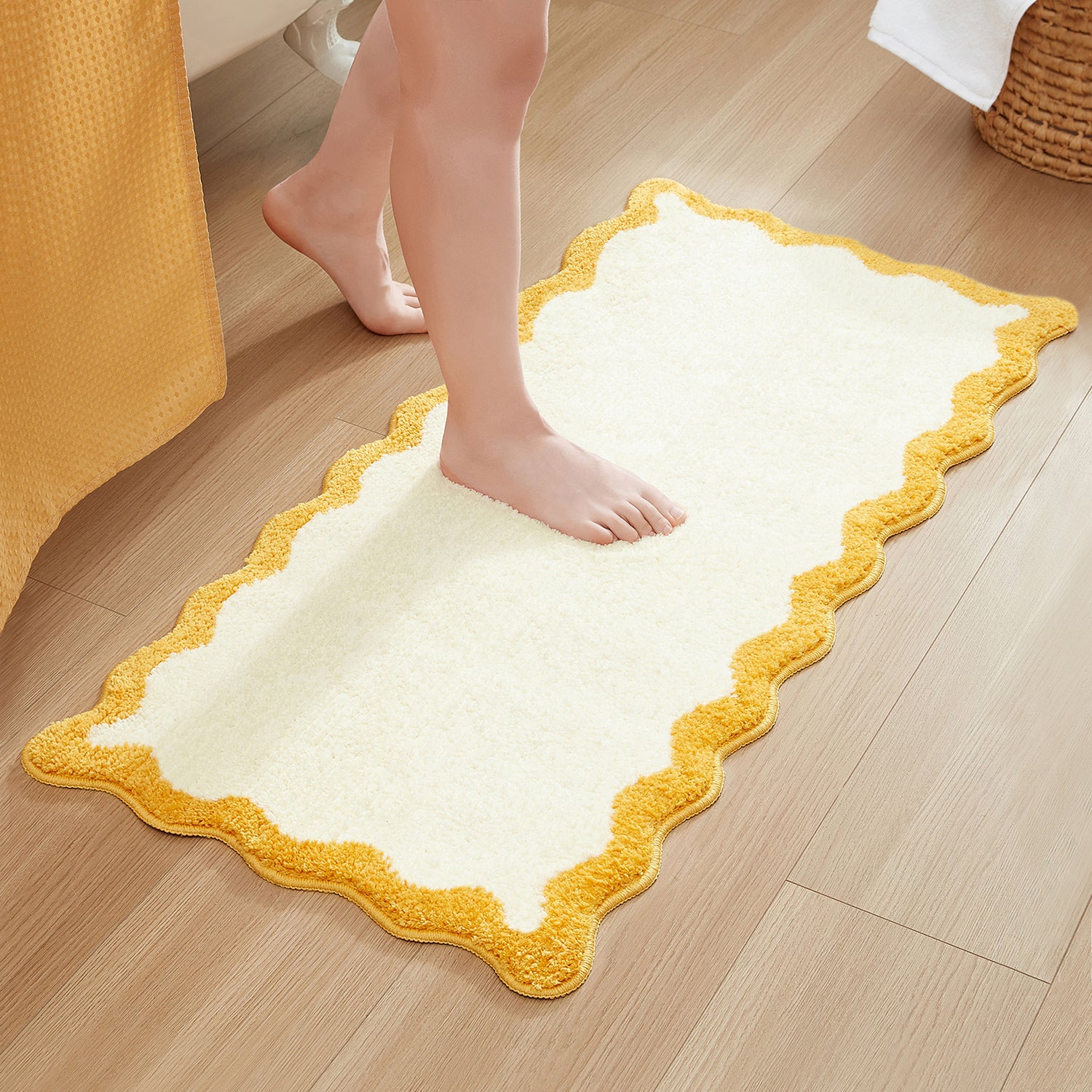 bath mat yellow white scalloped wavy edge