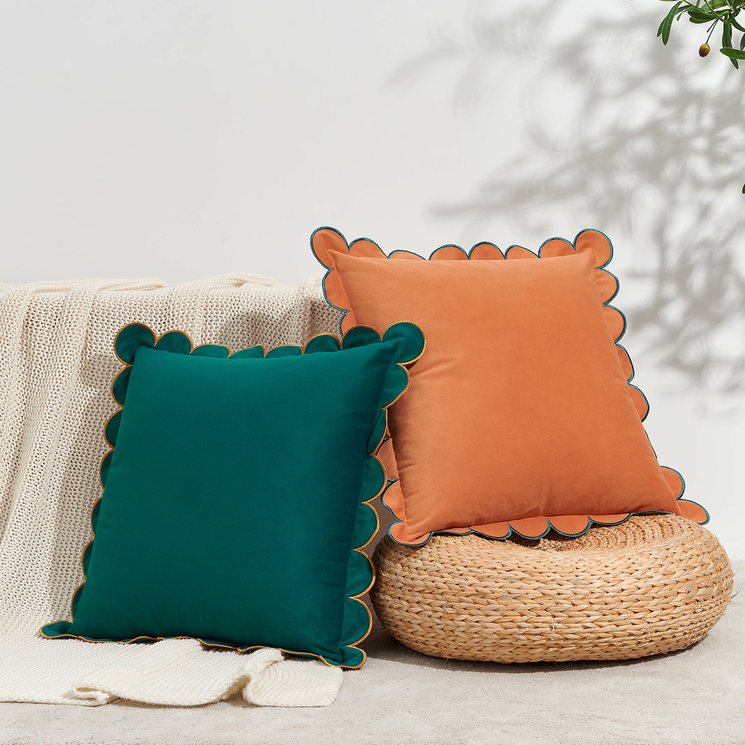 scalloped edge velvet pillows set of two coral dark teal