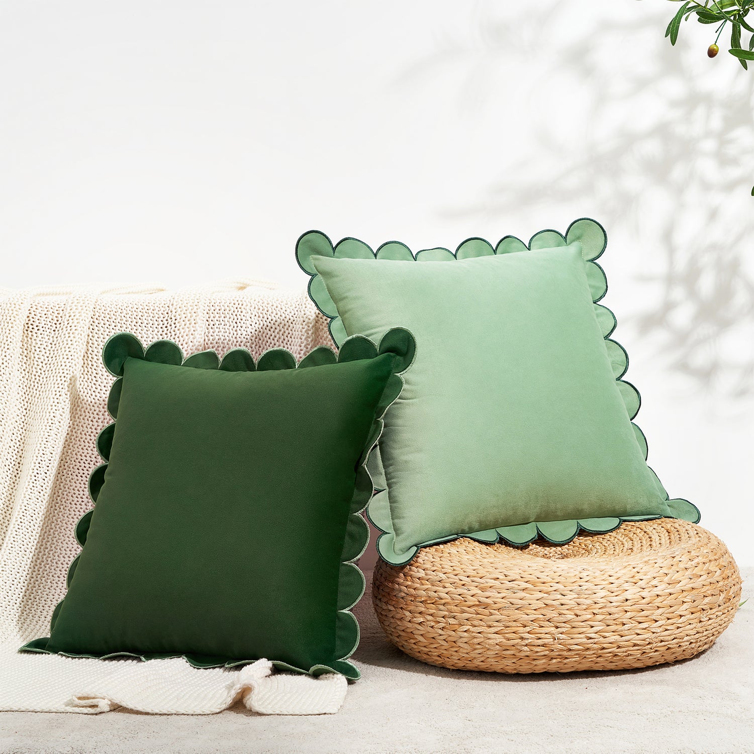 scalloped edge velvet pillows set of two green light green