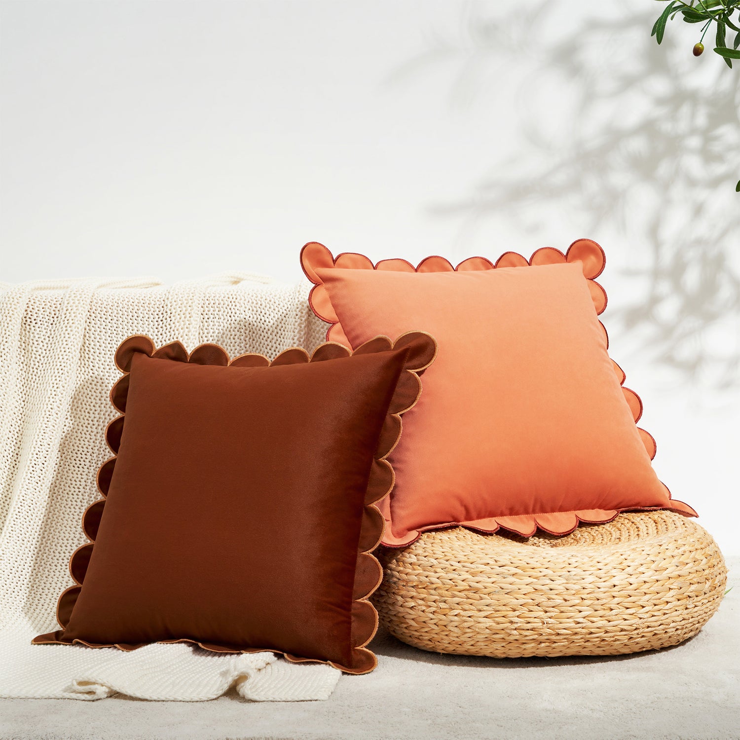 scalloped edge velvet pillows set of two rust coral