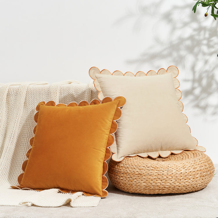 scalloped edge velvet pillows set of two yellow cream