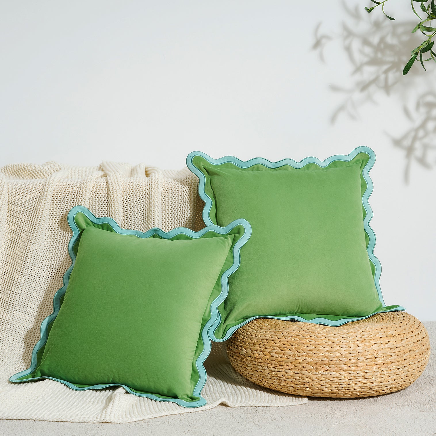 scalloped edge velvet pillows set of two light blue light green