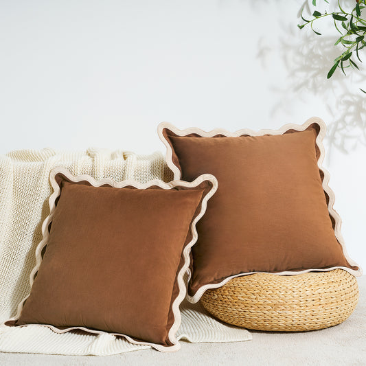 scalloped edge velvet pillows set of two beige brown