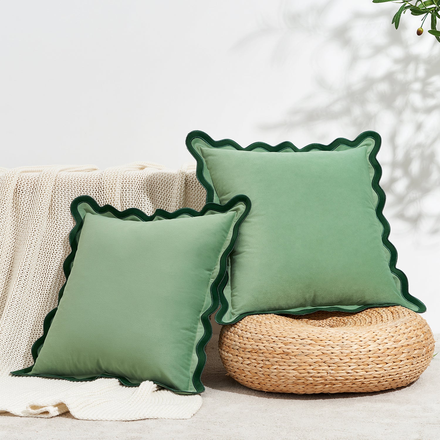 scalloped edge velvet pillows set of two green light green