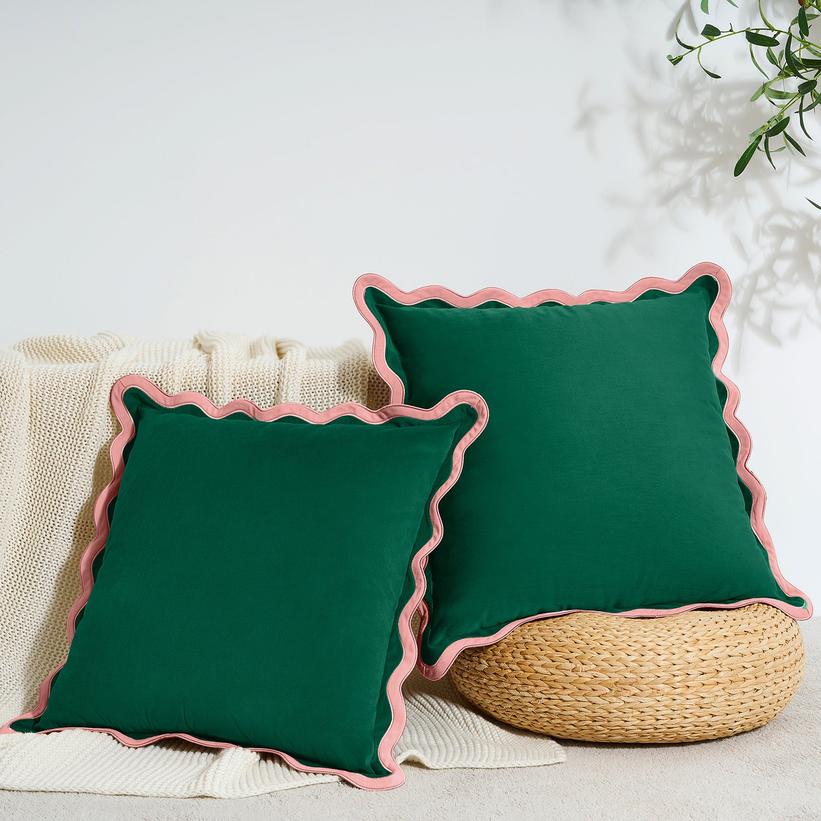 scalloped edge velvet pillows set of two pink green