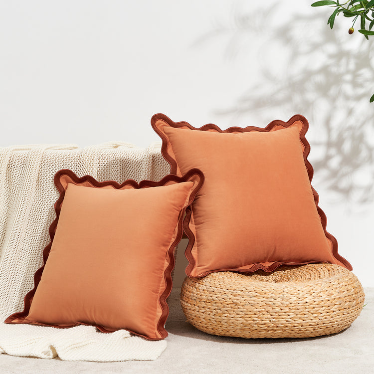 scalloped edge velvet pillows set of two rust coral