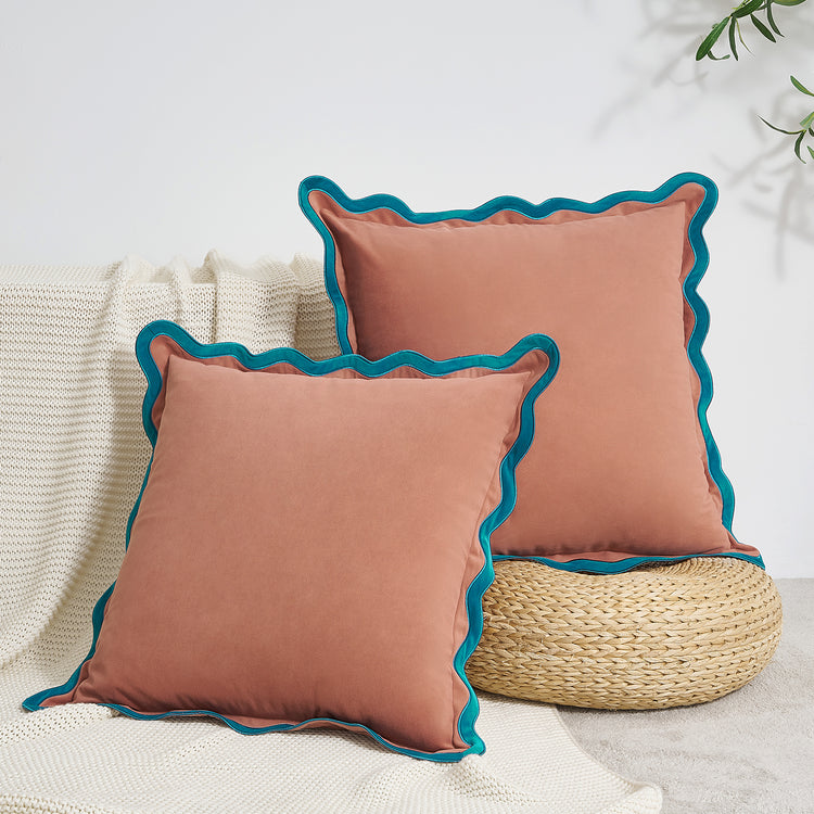 scalloped edge velvet pillows set of two teal pink