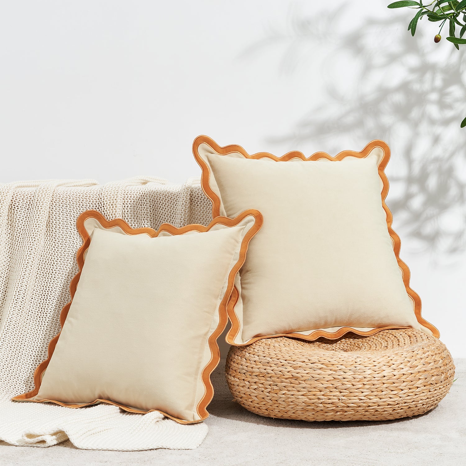 scalloped edge velvet pillows set of two yellow cream